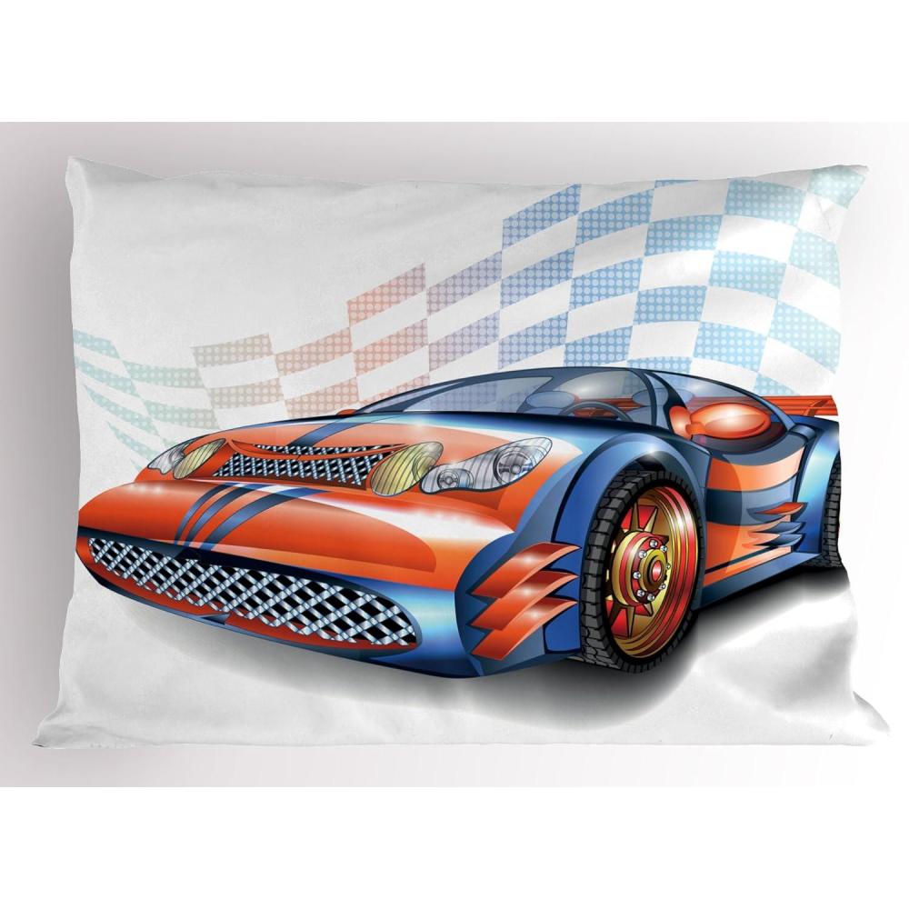 imageAmbesonne Cars Pillow Sham Cartoon Style Speeding Racing Car Event Championship Racetrack Victory Drive Decorative Standard Size Printed Pillowcase 26 X 20 Orange Blue
