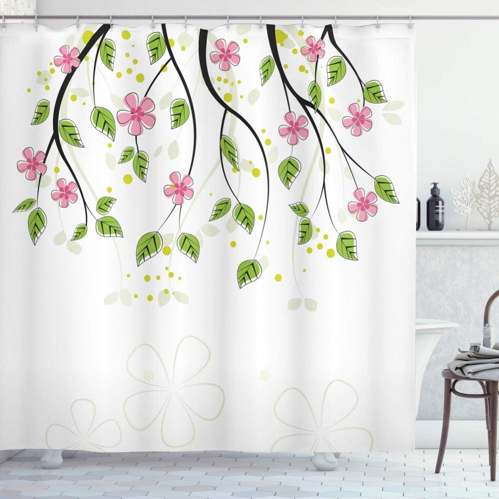 imageAmbesonne Floral Shower Curtain Branch with Flowers Leaves Cartoon Illustration Happy Summer Nature Art Cloth Fabric Bathroom Decor Set with Hooks 69 W x 70 L Pink Green