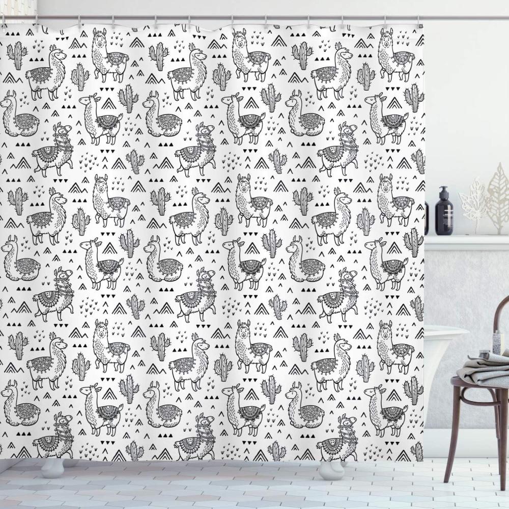imageAmbesonne Llama Shower Curtain Abstract Triangles Doodle Style Alpacas in Monochrome Cartoon Pattern Cloth Fabric Bathroom Decor Set with Hooks 69 W x 70 L White Charcoal Grey