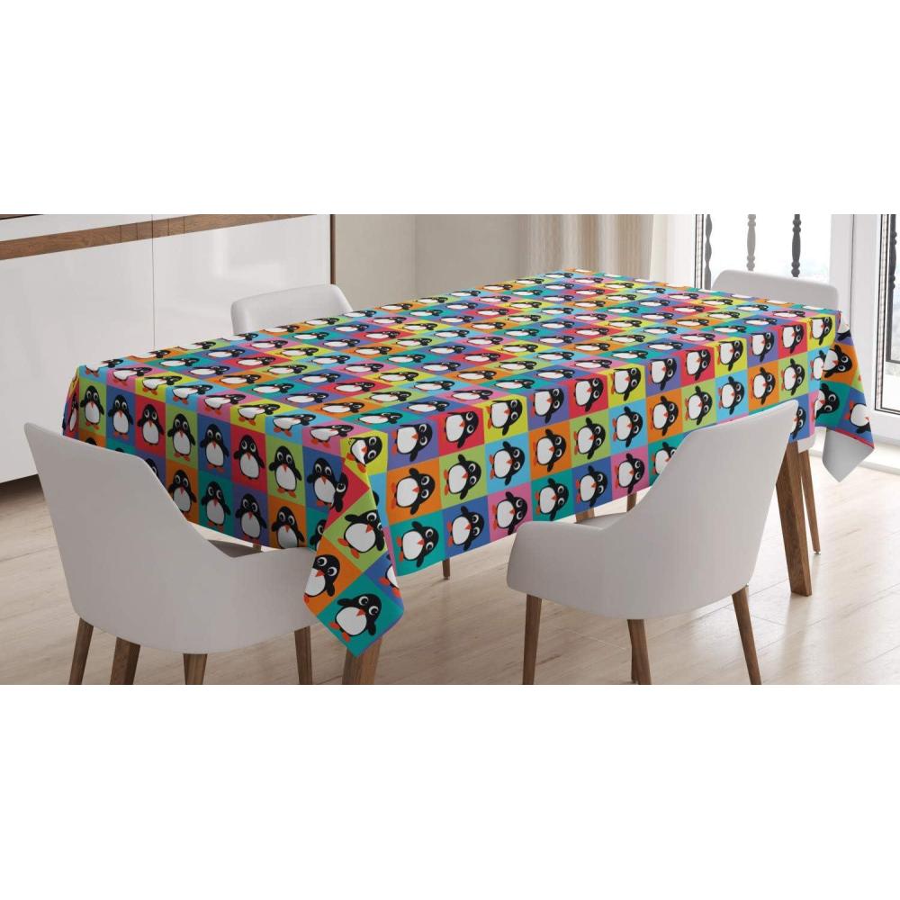 imageAmbesonne Penguin Tablecloth Rainbow Colored Checkered Squares Pattern with Arctic Animal Cartoon Character Rectangular Table Cover for Dining Room Kitchen Decor 60 X 90 Rainbow Color