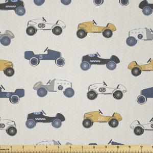 Ambesonne Cars Fabric by The Yard, Cartoon Vintage Race Automobiles Repetition, Microfiber Fabric for Arts and Crafts Textiles & Decor, 1 Yard, Ivory Slate Blue Mustard(Ivory Slate Blue Mustard)