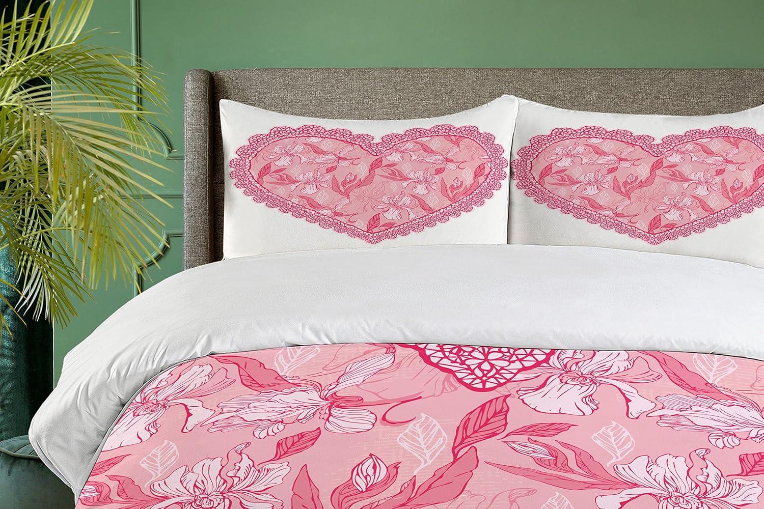 imageAmbesonne Love Duvet Cover Sets Cartoon Birds is Sitting on a Branch Bee Smiling Loving Valentine Bedding Set with 2 Duvet Covers amp 4 Pillowcases 2 Pack Queen Size Pale Pink Beige TaupePink Rose White
