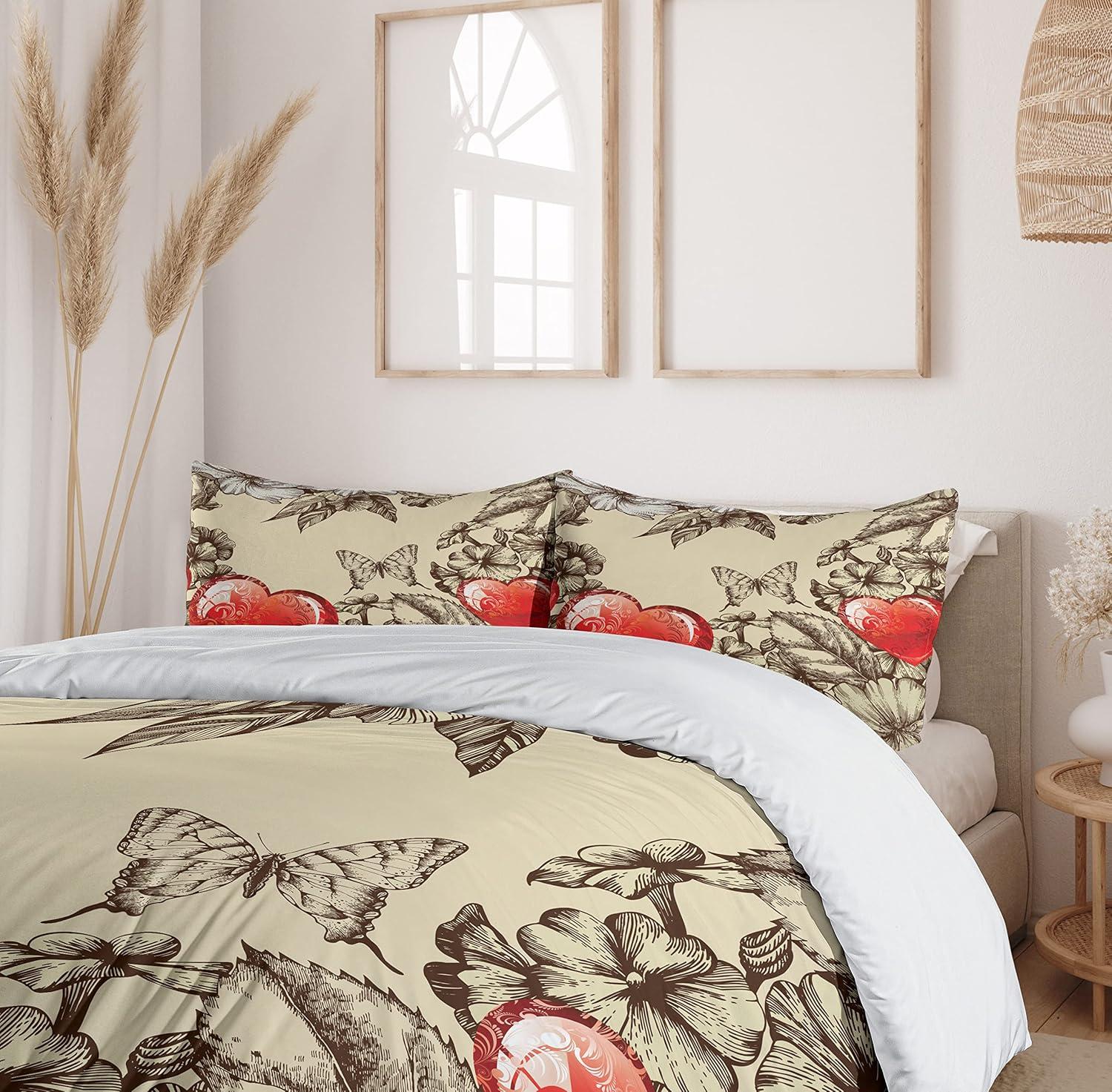 imageAmbesonne Love Duvet Cover Sets Cartoon Birds is Sitting on a Branch Bee Smiling Loving Valentine Bedding Set with 2 Duvet Covers amp 4 Pillowcases 2 Pack Queen Size Pale Pink Beige TaupeBeige Brown Red