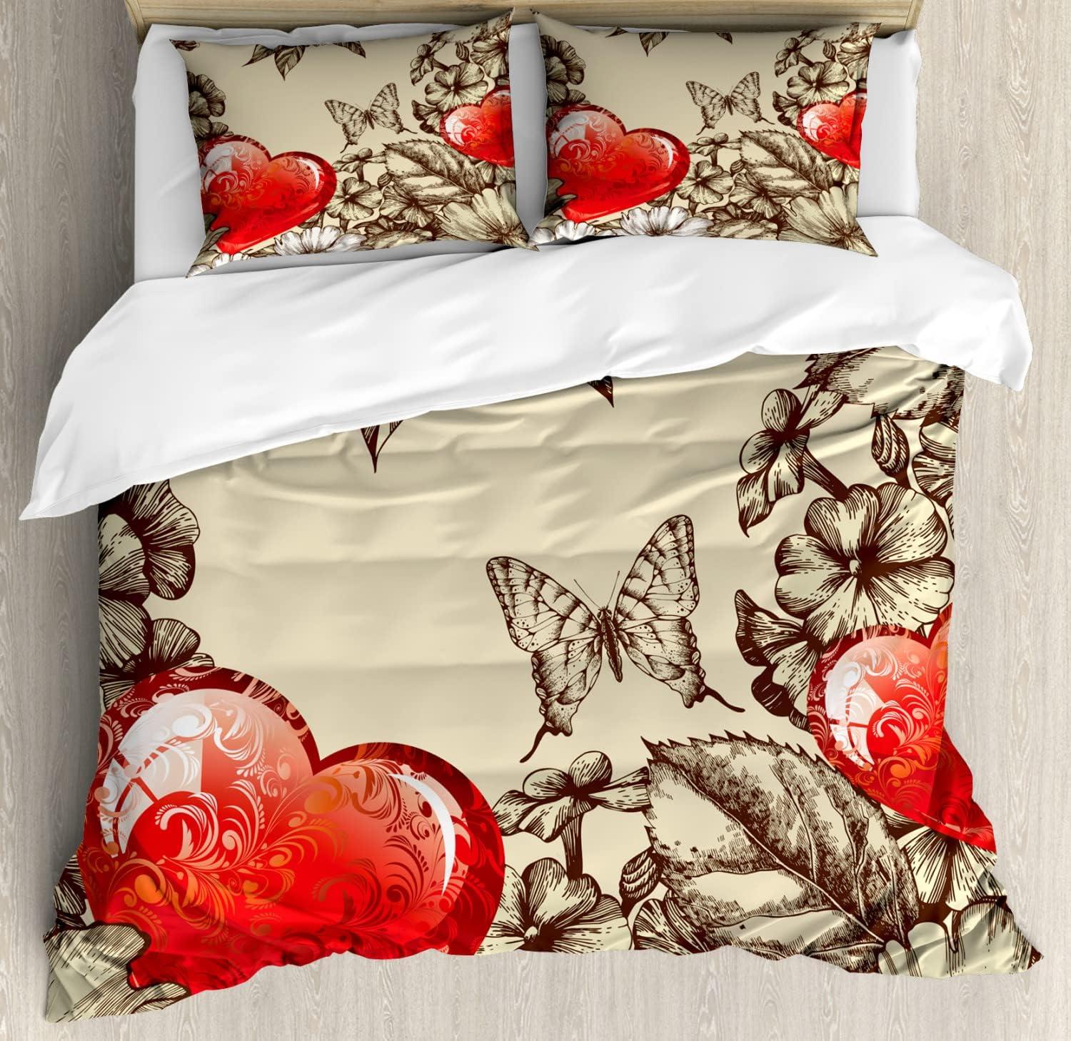 imageAmbesonne Love Duvet Cover Sets Cartoon Birds is Sitting on a Branch Bee Smiling Loving Valentine Bedding Set with 2 Duvet Covers amp 4 Pillowcases 2 Pack Queen Size Pale Pink Beige TaupeBeige Brown Red