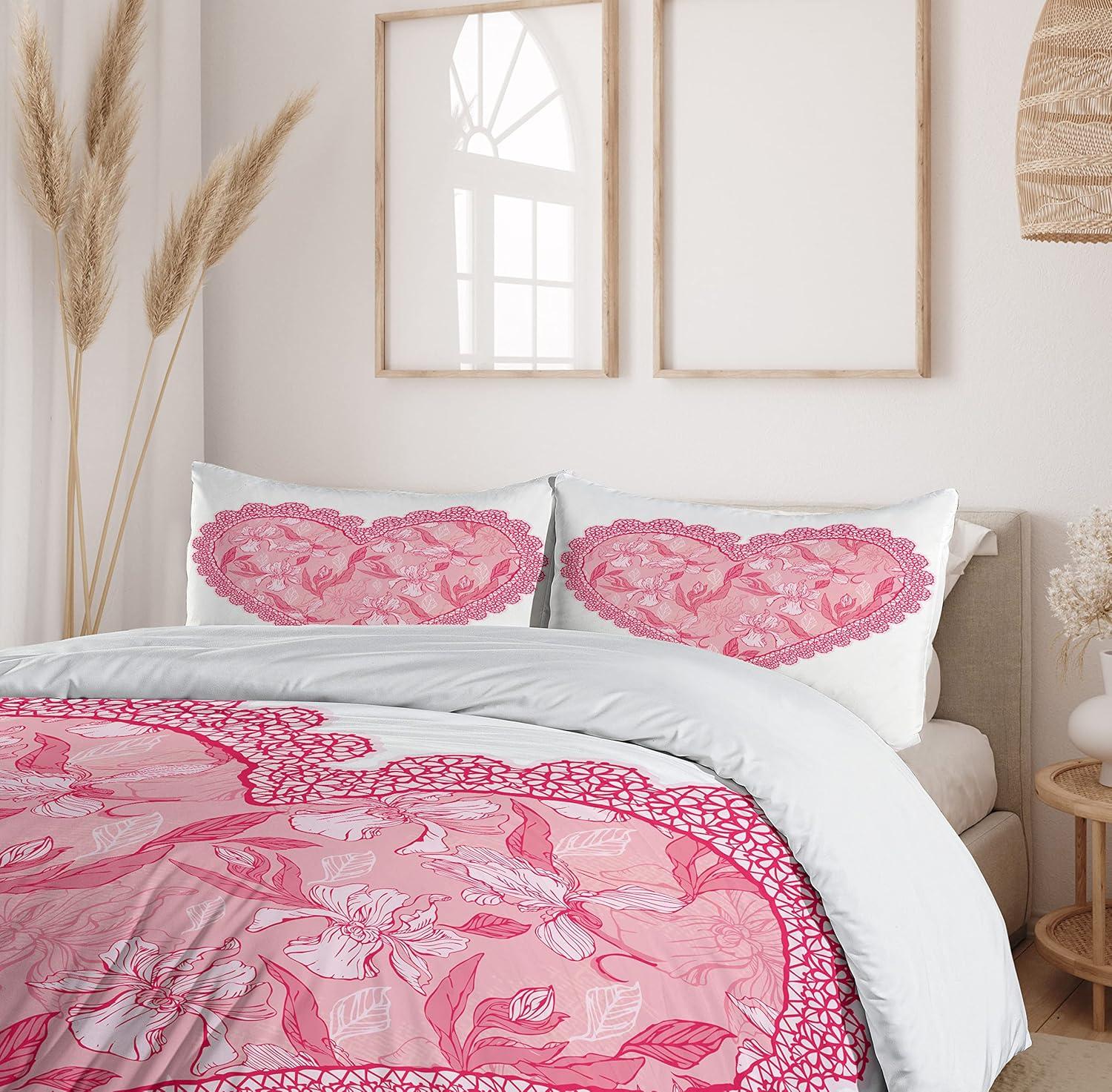 imageAmbesonne Love Duvet Cover Sets Cartoon Birds is Sitting on a Branch Bee Smiling Loving Valentine Bedding Set with 2 Duvet Covers amp 4 Pillowcases 2 Pack Queen Size Pale Pink Beige TaupePink Rose White