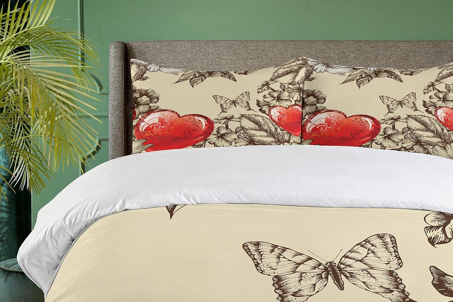 imageAmbesonne Love Duvet Cover Sets Cartoon Birds is Sitting on a Branch Bee Smiling Loving Valentine Bedding Set with 2 Duvet Covers amp 4 Pillowcases 2 Pack Queen Size Pale Pink Beige TaupeBeige Brown Red