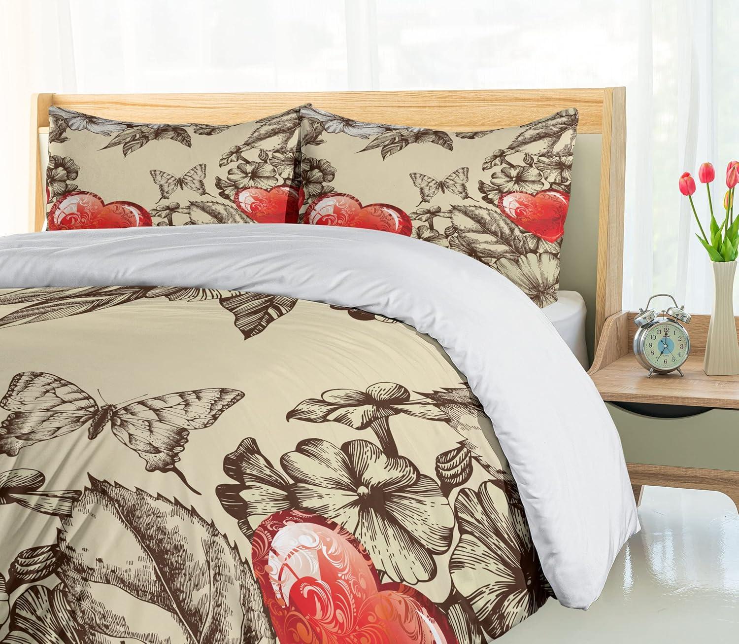 imageAmbesonne Love Duvet Cover Sets Cartoon Birds is Sitting on a Branch Bee Smiling Loving Valentine Bedding Set with 2 Duvet Covers amp 4 Pillowcases 2 Pack Queen Size Pale Pink Beige TaupeBeige Brown Red