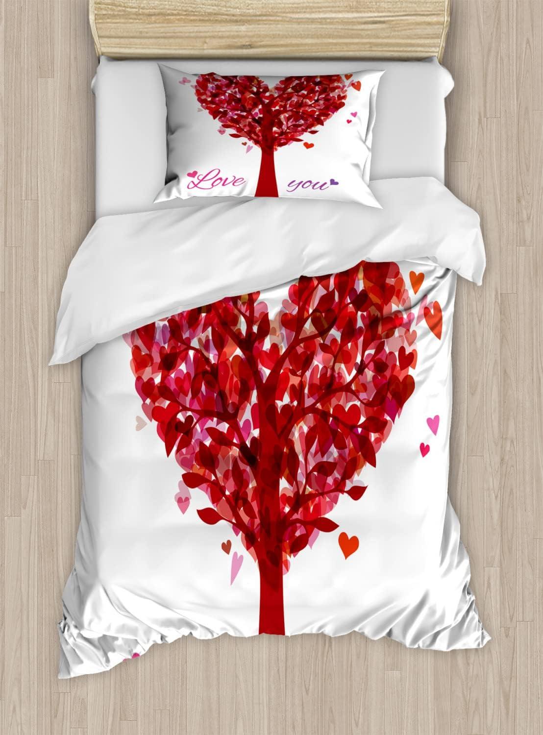 imageAmbesonne Love Duvet Cover Sets Cartoon Birds is Sitting on a Branch Bee Smiling Loving Valentine Bedding Set with 2 Duvet Covers amp 4 Pillowcases 2 Pack Queen Size Pale Pink Beige TaupeRuby Pink Purple