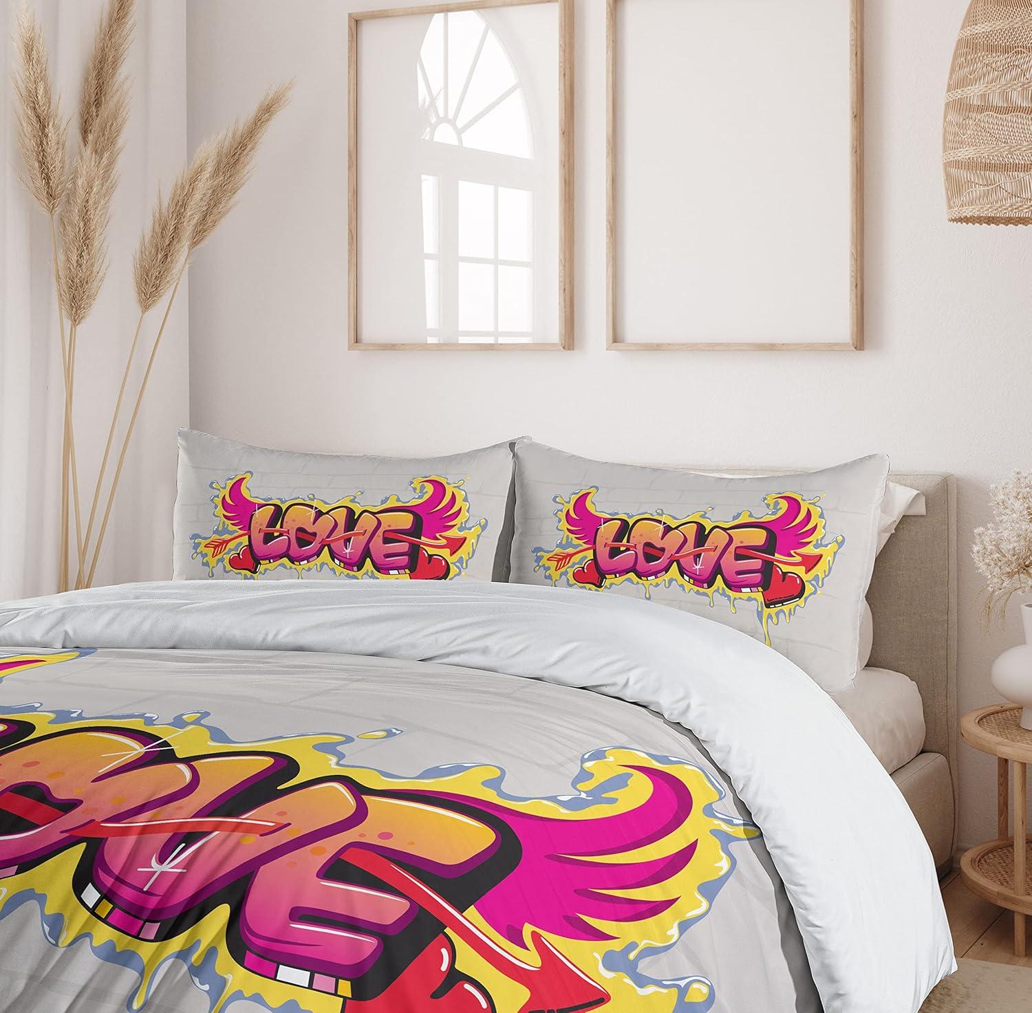 imageAmbesonne Love Duvet Cover Sets Cartoon Birds is Sitting on a Branch Bee Smiling Loving Valentine Bedding Set with 2 Duvet Covers amp 4 Pillowcases 2 Pack Queen Size Pale Pink Beige TaupeYellow Beige Pink