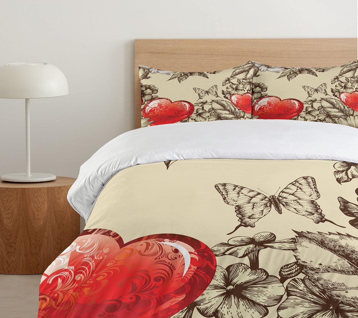 imageAmbesonne Love Duvet Cover Sets Cartoon Birds is Sitting on a Branch Bee Smiling Loving Valentine Bedding Set with 2 Duvet Covers amp 4 Pillowcases 2 Pack Queen Size Pale Pink Beige TaupeBeige Brown Red
