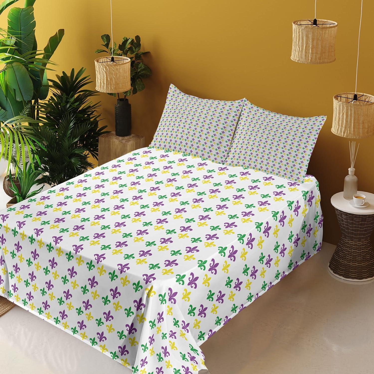 imageAmbesonne Mardi Gras Sheet Set Fleur De Lis in Mardi Gras Carnival Colors Festival Pattern Fitted and Flat Sheet with Pillowcases Bedding Accent 4 Piece Set Queen Green Yellow Purple