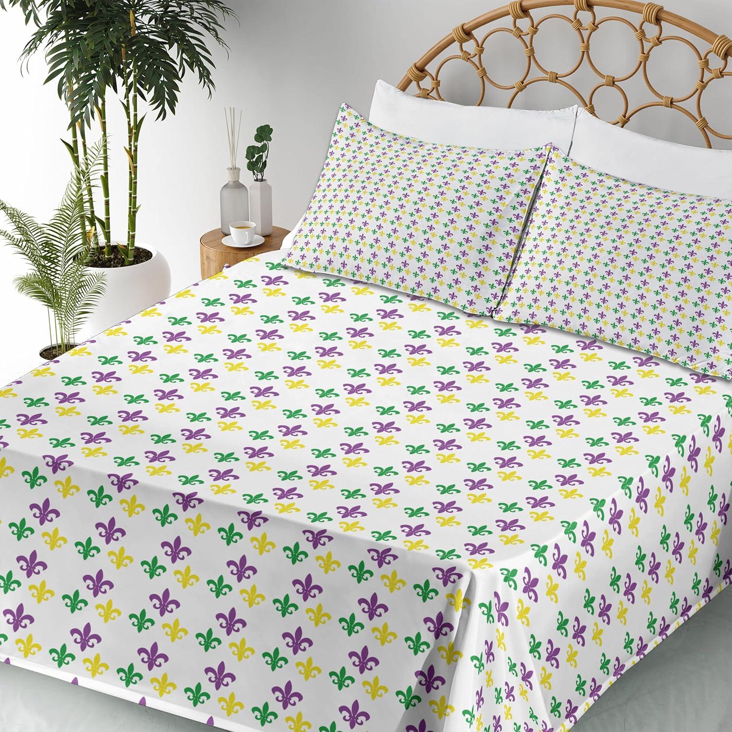 imageAmbesonne Mardi Gras Sheet Set Fleur De Lis in Mardi Gras Carnival Colors Festival Pattern Fitted and Flat Sheet with Pillowcases Bedding Accent 4 Piece Set Queen Green Yellow Purple
