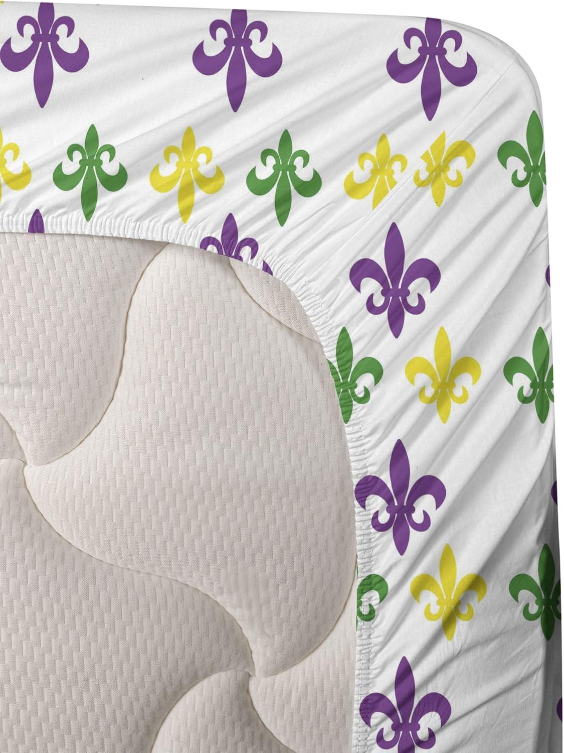 imageAmbesonne Mardi Gras Sheet Set Fleur De Lis in Mardi Gras Carnival Colors Festival Pattern Fitted and Flat Sheet with Pillowcases Bedding Accent 4 Piece Set Queen Green Yellow Purple