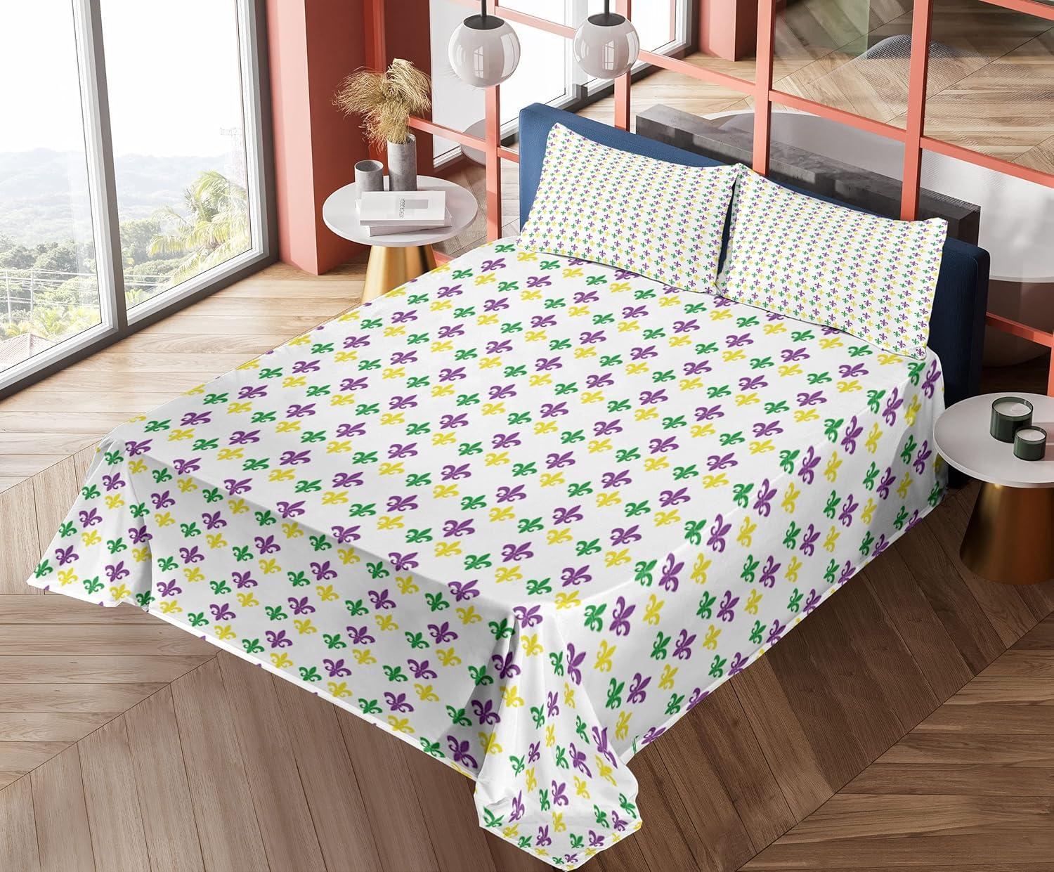 imageAmbesonne Mardi Gras Sheet Set Fleur De Lis in Mardi Gras Carnival Colors Festival Pattern Fitted and Flat Sheet with Pillowcases Bedding Accent 4 Piece Set Queen Green Yellow Purple