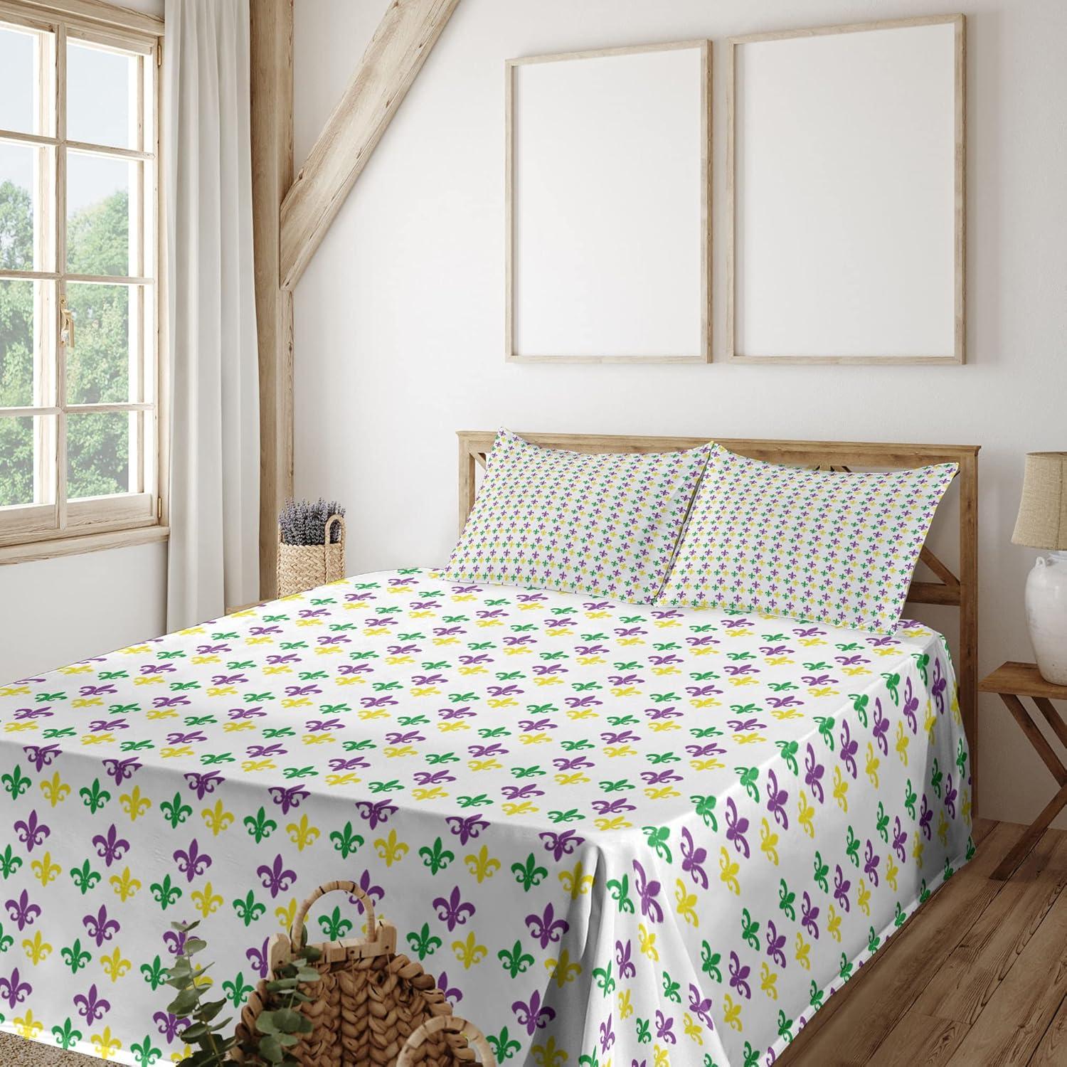 imageAmbesonne Mardi Gras Sheet Set Fleur De Lis in Mardi Gras Carnival Colors Festival Pattern Fitted and Flat Sheet with Pillowcases Bedding Accent 4 Piece Set Queen Green Yellow Purple
