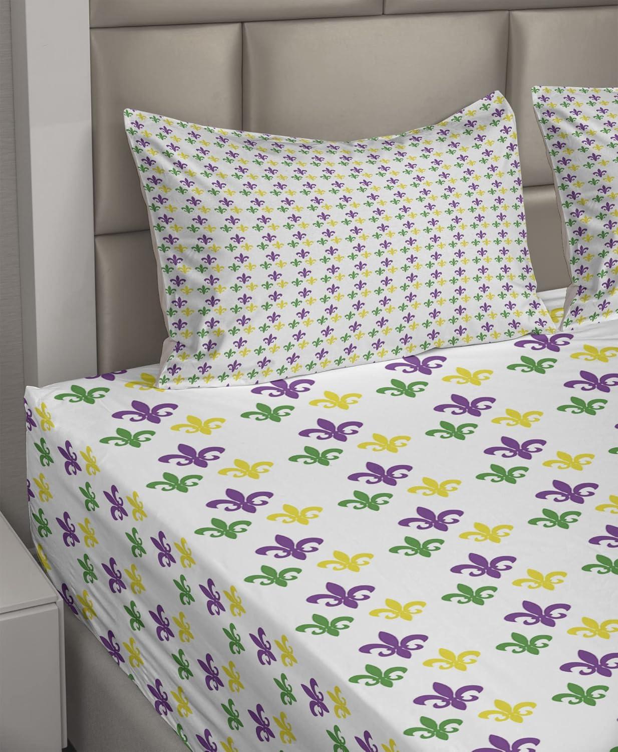 imageAmbesonne Mardi Gras Sheet Set Fleur De Lis in Mardi Gras Carnival Colors Festival Pattern Fitted and Flat Sheet with Pillowcases Bedding Accent 4 Piece Set Queen Green Yellow Purple