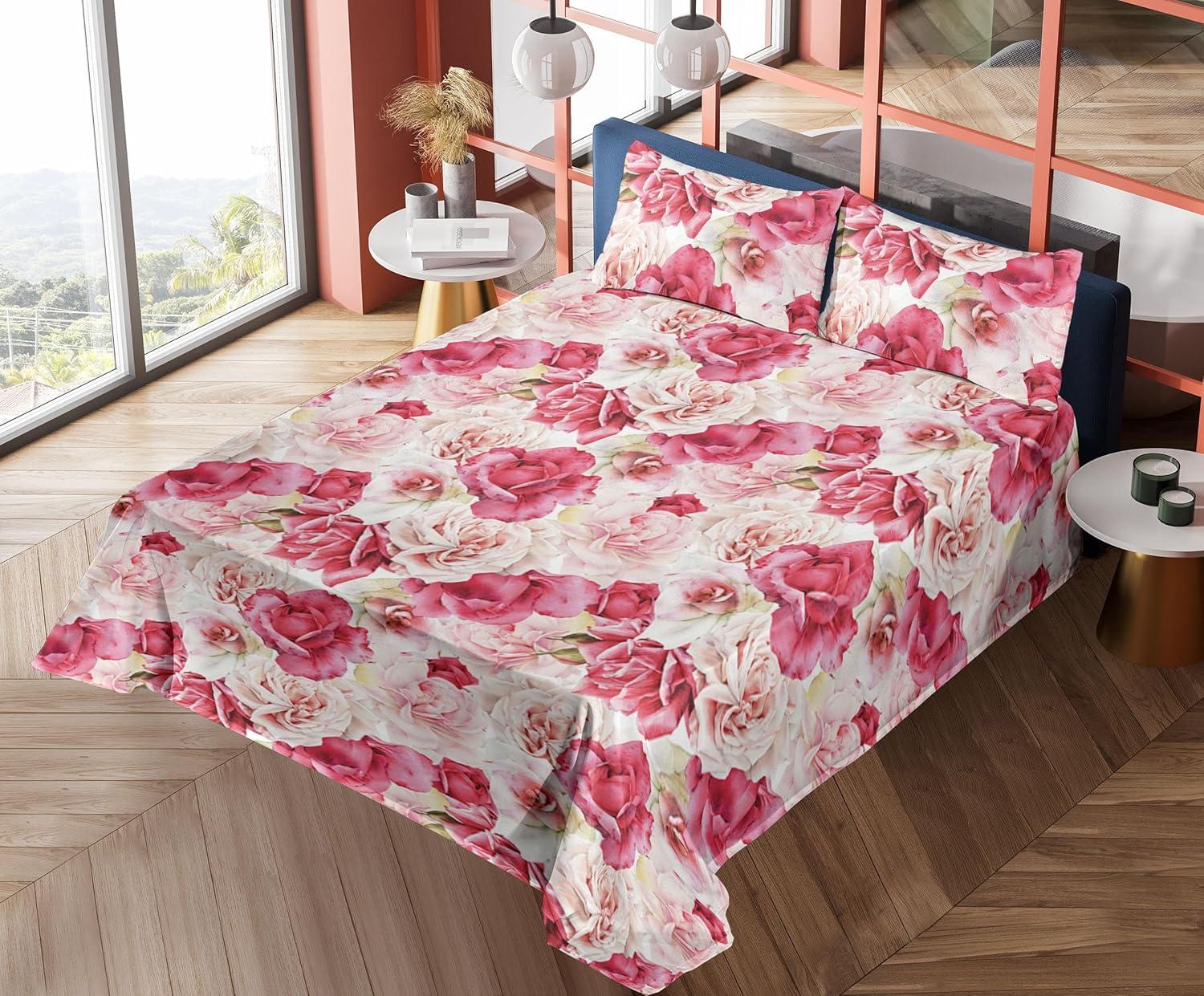 imageAmbesonne Pink Roses Sheet Set Romantic Spring Garden Blooming Flowers Nature Art Valentine Blossom Fitted and Flat Sheet with Pillowcases Bedding Accent 4 Piece Set Full Magenta Blush KhakiMagenta Blush Khaki