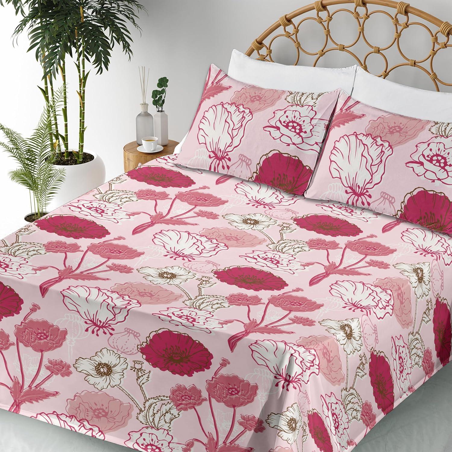 imageAmbesonne Pink Roses Sheet Set Romantic Spring Garden Blooming Flowers Nature Art Valentine Blossom Fitted and Flat Sheet with Pillowcases Bedding Accent 4 Piece Set Full Magenta Blush KhakiRaspberry Pale Pink White