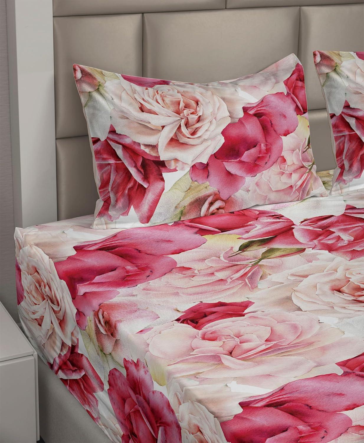 imageAmbesonne Pink Roses Sheet Set Romantic Spring Garden Blooming Flowers Nature Art Valentine Blossom Fitted and Flat Sheet with Pillowcases Bedding Accent 4 Piece Set Full Magenta Blush KhakiMagenta Blush Khaki