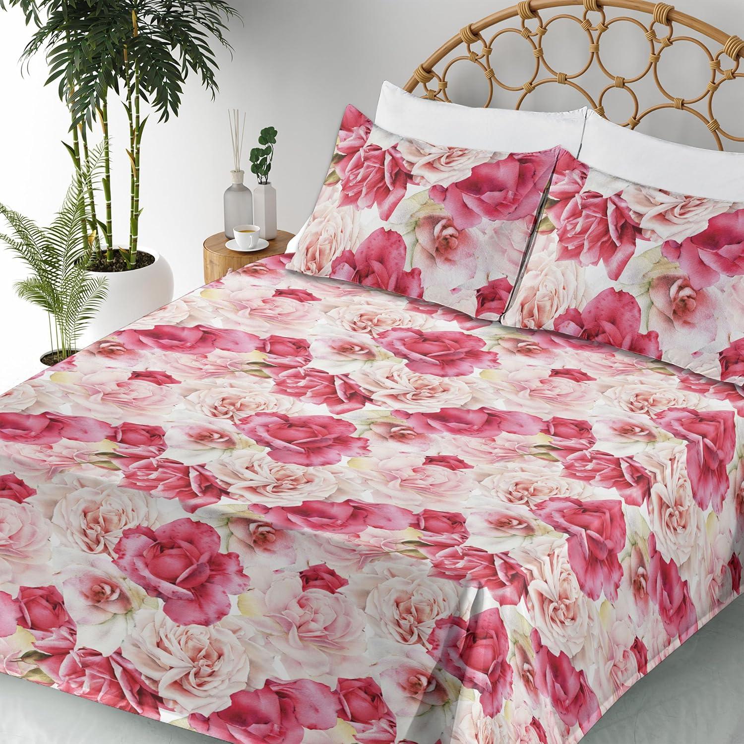 imageAmbesonne Pink Roses Sheet Set Romantic Spring Garden Blooming Flowers Nature Art Valentine Blossom Fitted and Flat Sheet with Pillowcases Bedding Accent 4 Piece Set Full Magenta Blush KhakiMagenta Blush Khaki