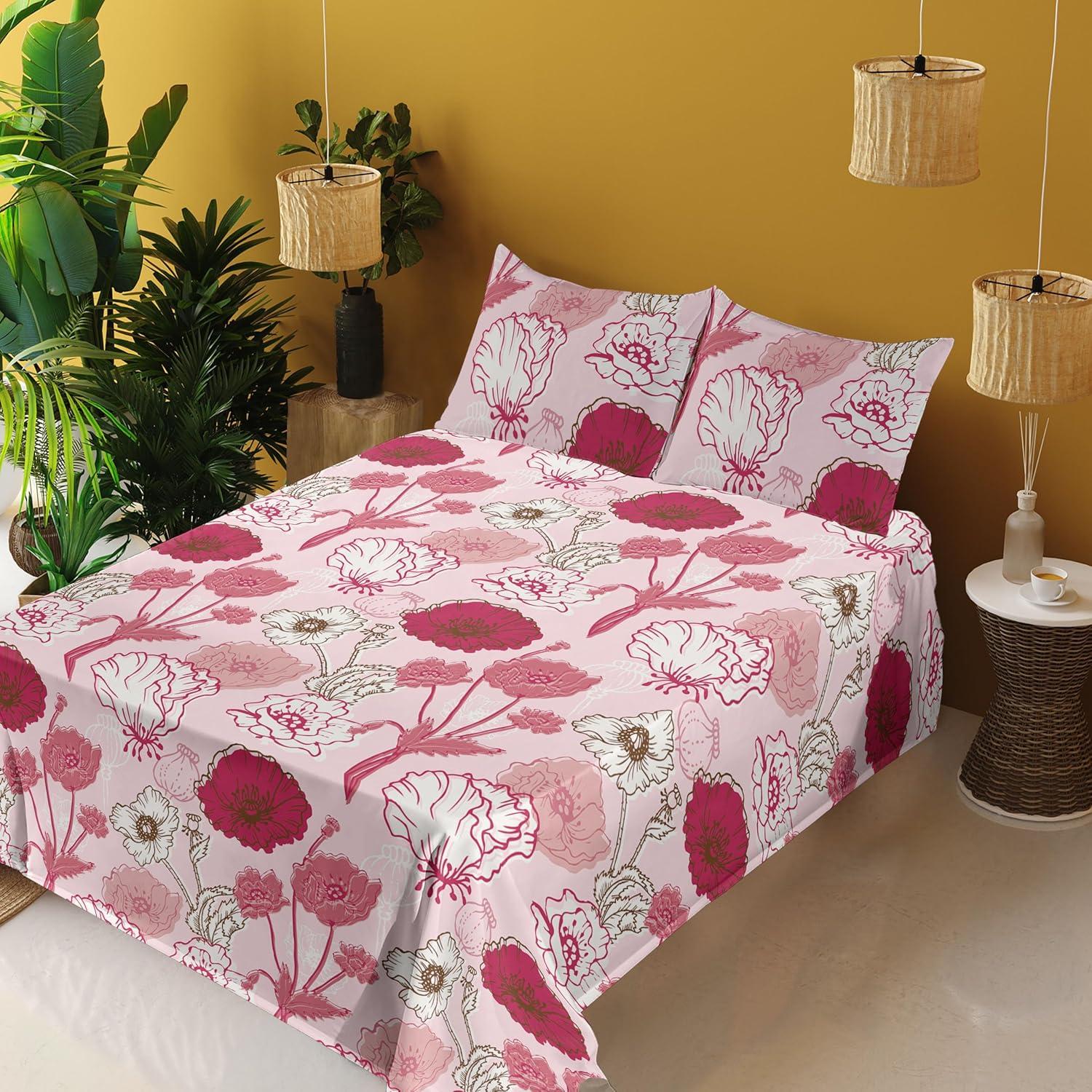 imageAmbesonne Pink Roses Sheet Set Romantic Spring Garden Blooming Flowers Nature Art Valentine Blossom Fitted and Flat Sheet with Pillowcases Bedding Accent 4 Piece Set Full Magenta Blush KhakiRaspberry Pale Pink White