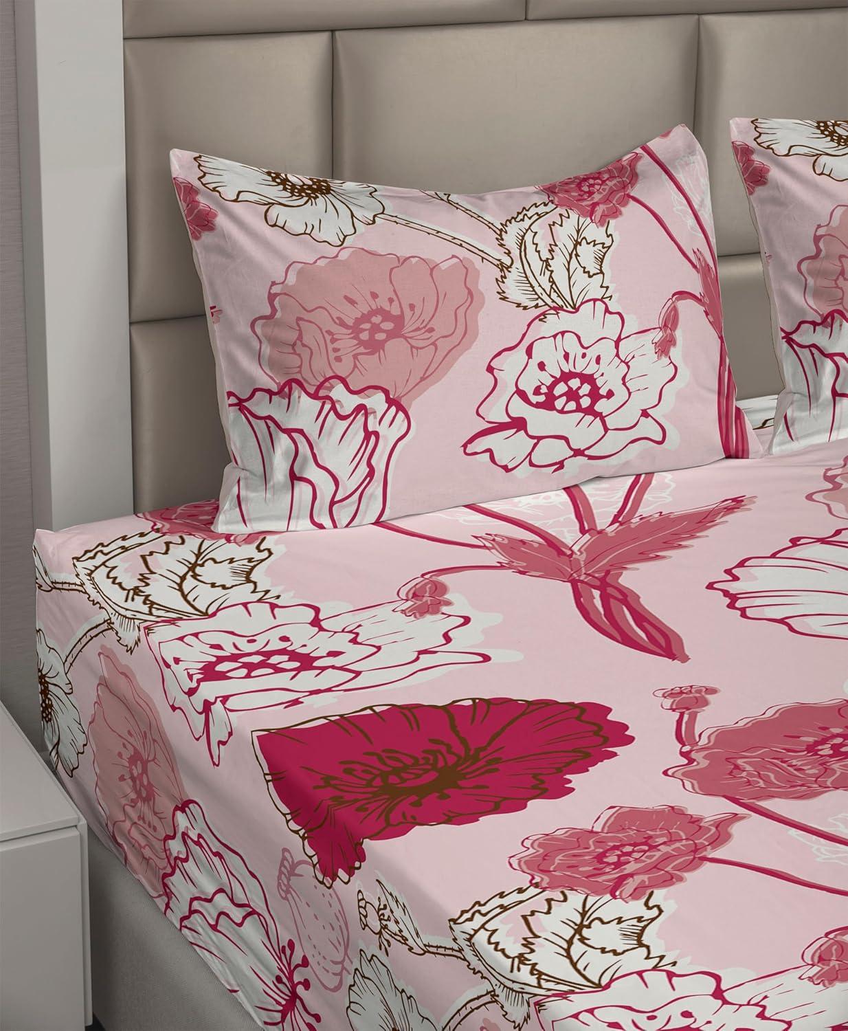 imageAmbesonne Pink Roses Sheet Set Romantic Spring Garden Blooming Flowers Nature Art Valentine Blossom Fitted and Flat Sheet with Pillowcases Bedding Accent 4 Piece Set Full Magenta Blush KhakiRaspberry Pale Pink White