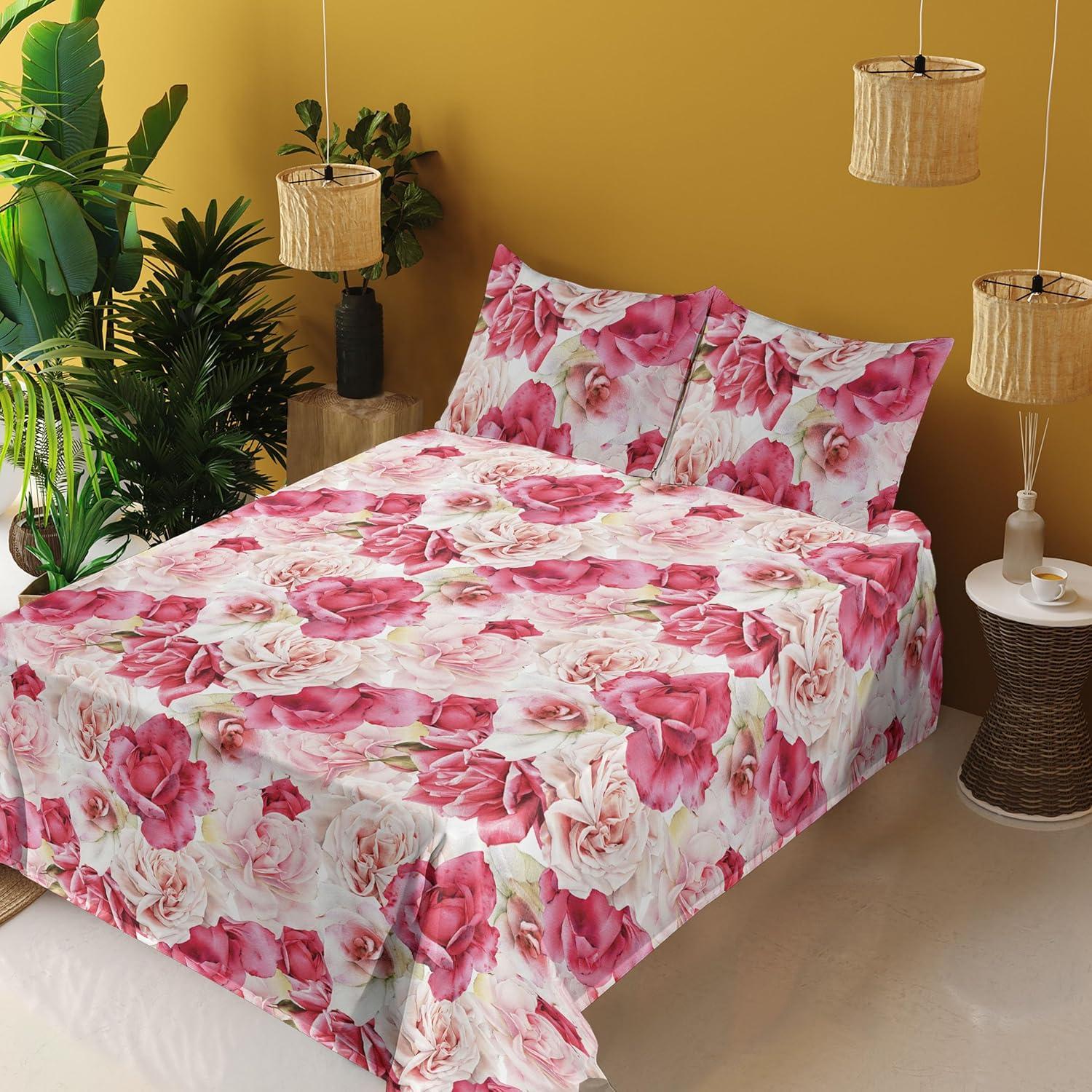 imageAmbesonne Pink Roses Sheet Set Romantic Spring Garden Blooming Flowers Nature Art Valentine Blossom Fitted and Flat Sheet with Pillowcases Bedding Accent 4 Piece Set Full Magenta Blush KhakiMagenta Blush Khaki
