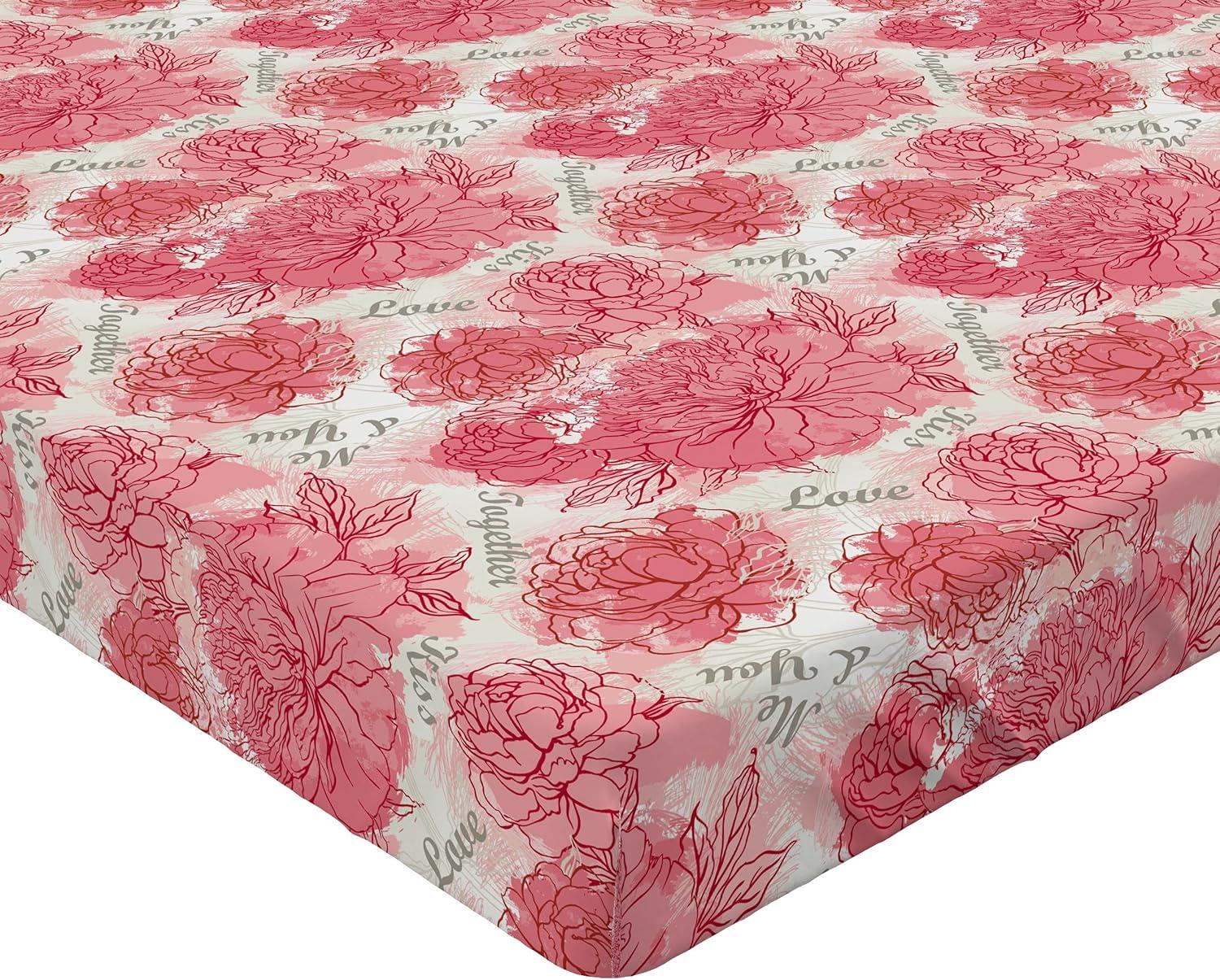imageAmbesonne Romantic Fitted Sheet Valentines Day Kiss Love Me and You Lettering with Blooming Flowers Decorative Soft Fabric Bedding AllRound Elastic Pocket Full Size Pastel Pink Grey EggshellPastel Pink Grey Eggshell