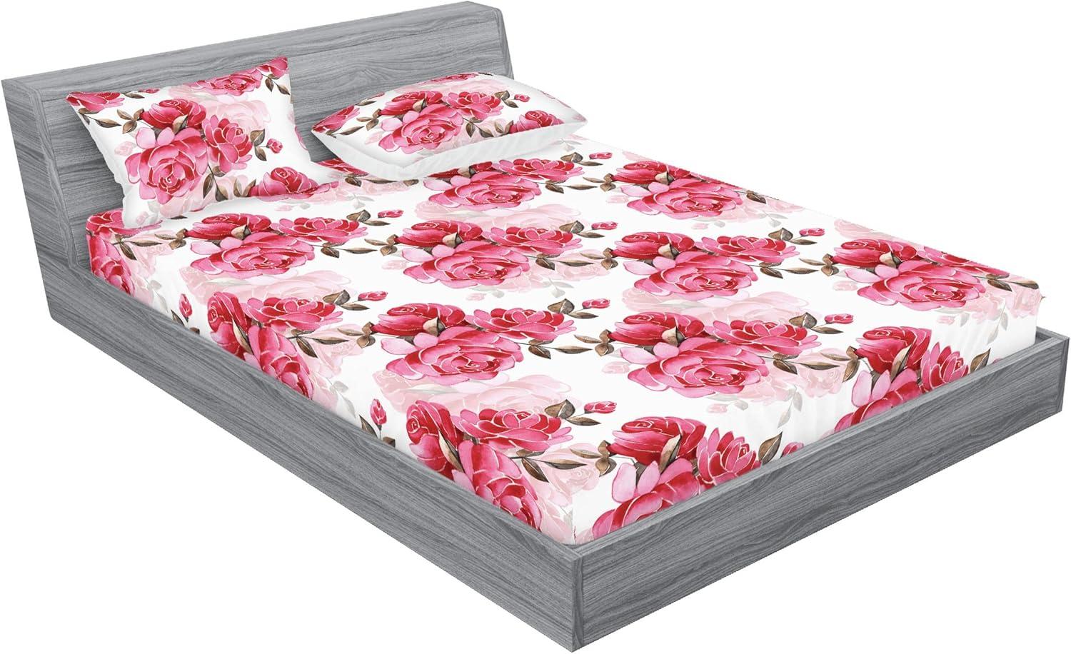 imageAmbesonne Rose Fitted Sheet amp Pillow Sham Set Romantic Blurry Style Effect of English Garden Petals Valentines Themed Decorative Printed 3 Piece Bedding Decor Set Queen Dark Pink Emerald DustBrown Pink and Magenta