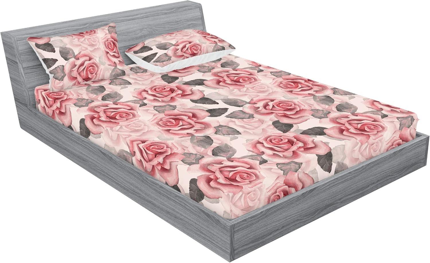 imageAmbesonne Rose Fitted Sheet amp Pillow Sham Set Romantic Blurry Style Effect of English Garden Petals Valentines Themed Decorative Printed 3 Piece Bedding Decor Set Queen Dark Pink Emerald DustGrey and Pastel Pink