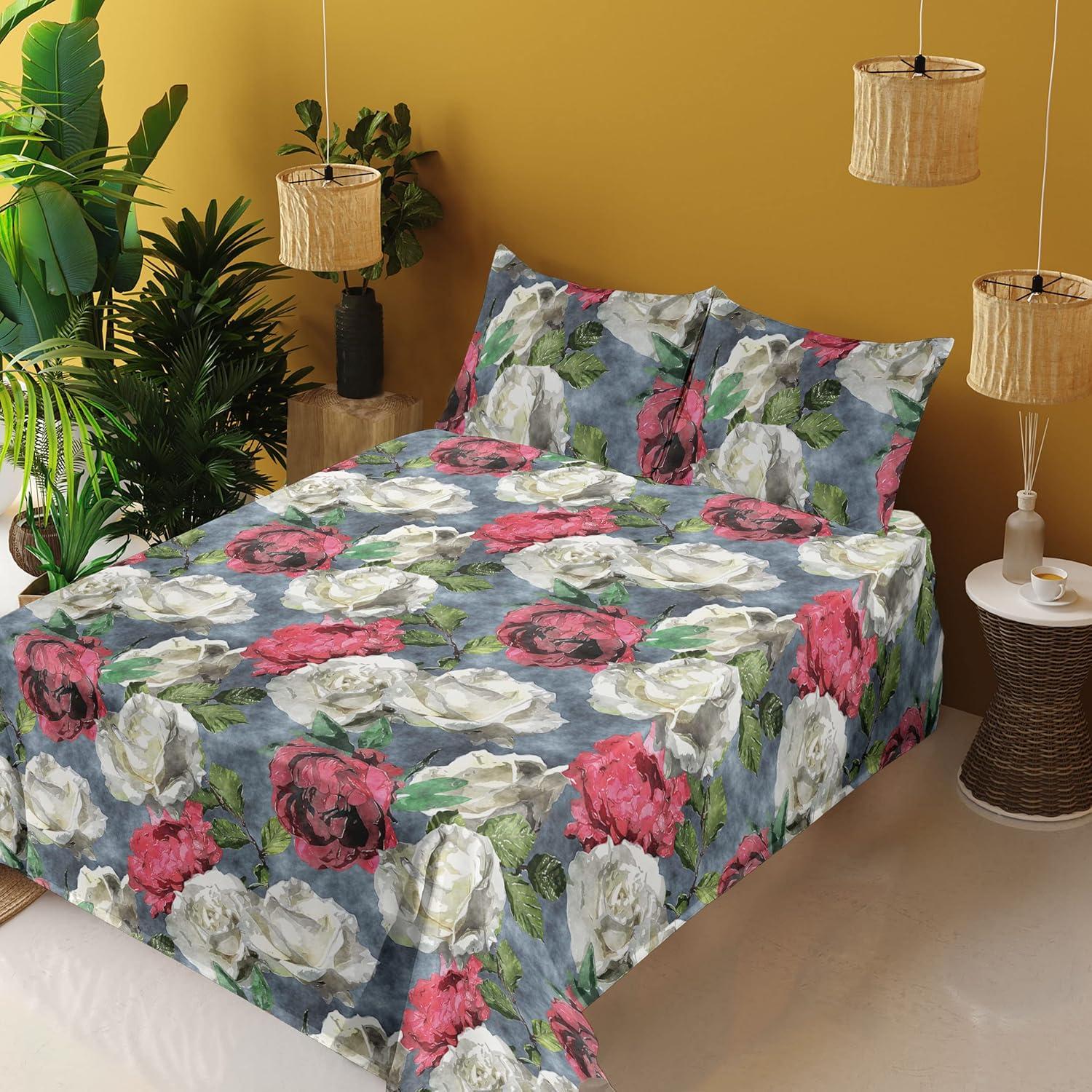 imageAmbesonne Rose Sheet Set Romantic Blurry Style Effect of English Garden Petals Valentines Themed Fitted and Flat Sheet with Pillowcases Bedding Accent 4 Piece Set Full Dark Pink Emerald DustBlue Grey Dark Pink