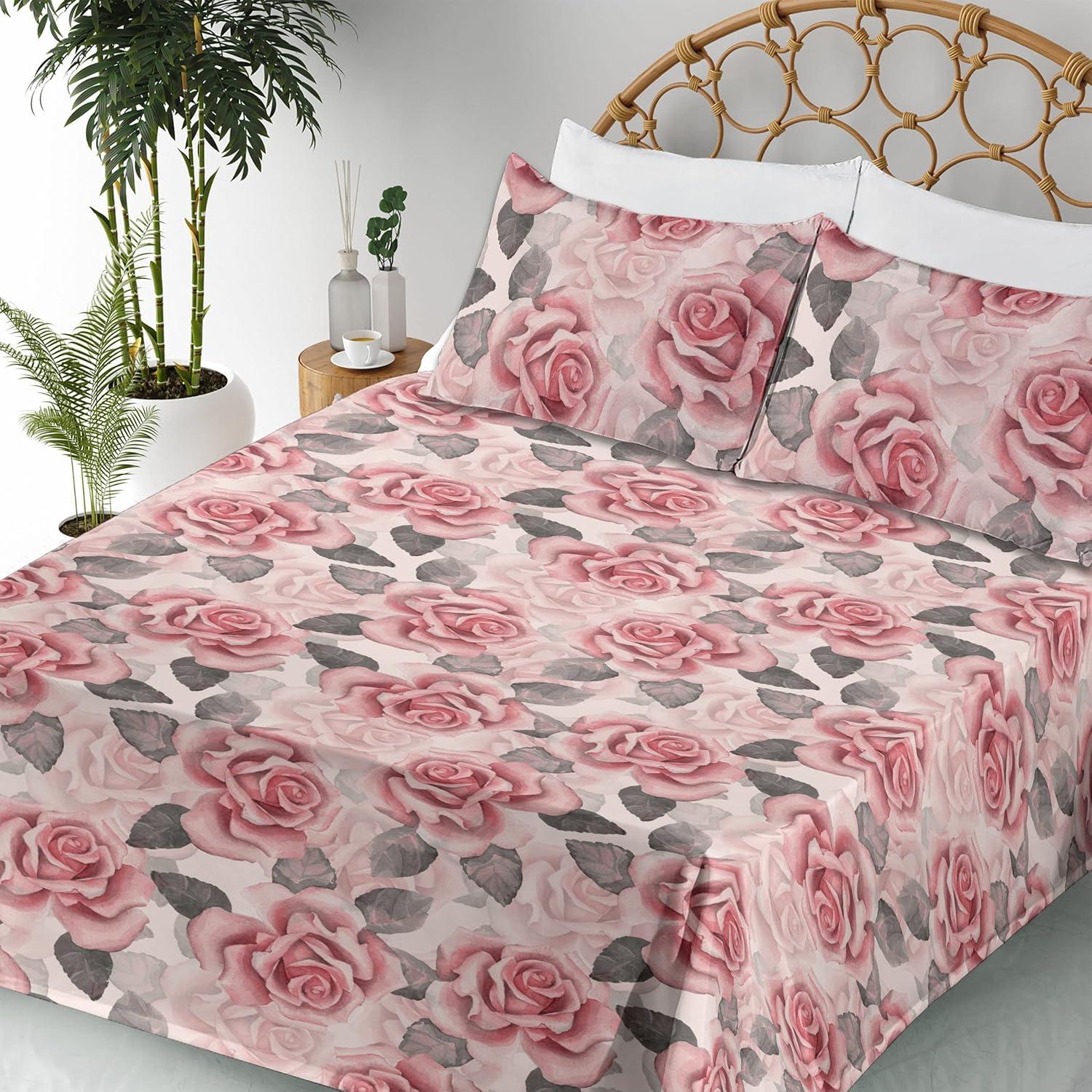 imageAmbesonne Rose Sheet Set Romantic Blurry Style Effect of English Garden Petals Valentines Themed Fitted and Flat Sheet with Pillowcases Bedding Accent 4 Piece Set Full Dark Pink Emerald DustGrey and Pastel Pink