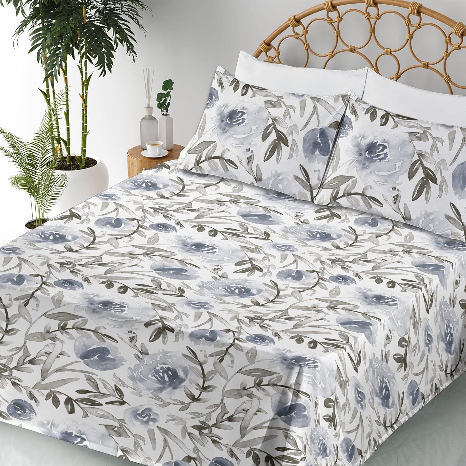 imageAmbesonne Rose Sheet Set Romantic Blurry Style Effect of English Garden Petals Valentines Themed Fitted and Flat Sheet with Pillowcases Bedding Accent 4 Piece Set Full Dark Pink Emerald DustTaupe Grey and Slate Blue