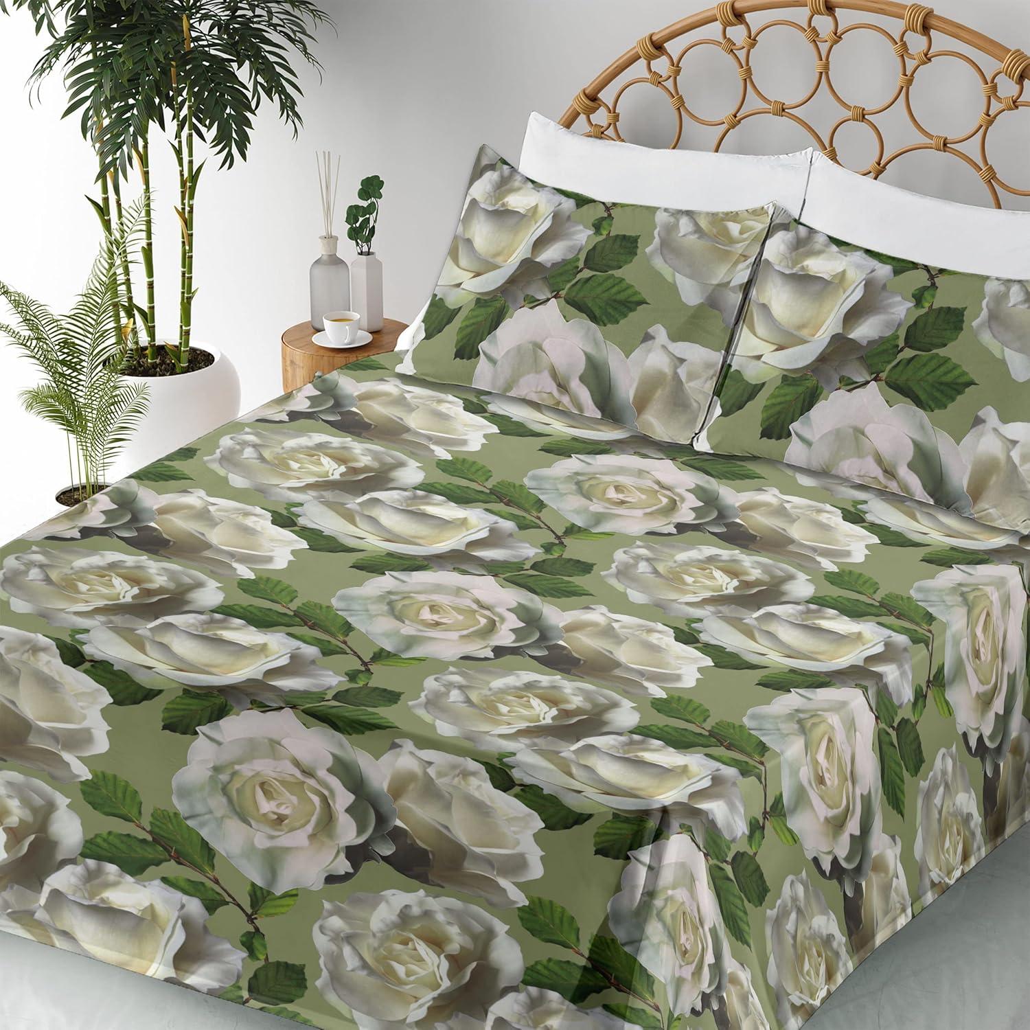 imageAmbesonne Rose Sheet Set Romantic Blurry Style Effect of English Garden Petals Valentines Themed Fitted and Flat Sheet with Pillowcases Bedding Accent 4 Piece Set Full Dark Pink Emerald DustOlive Green Ivory and Emerald