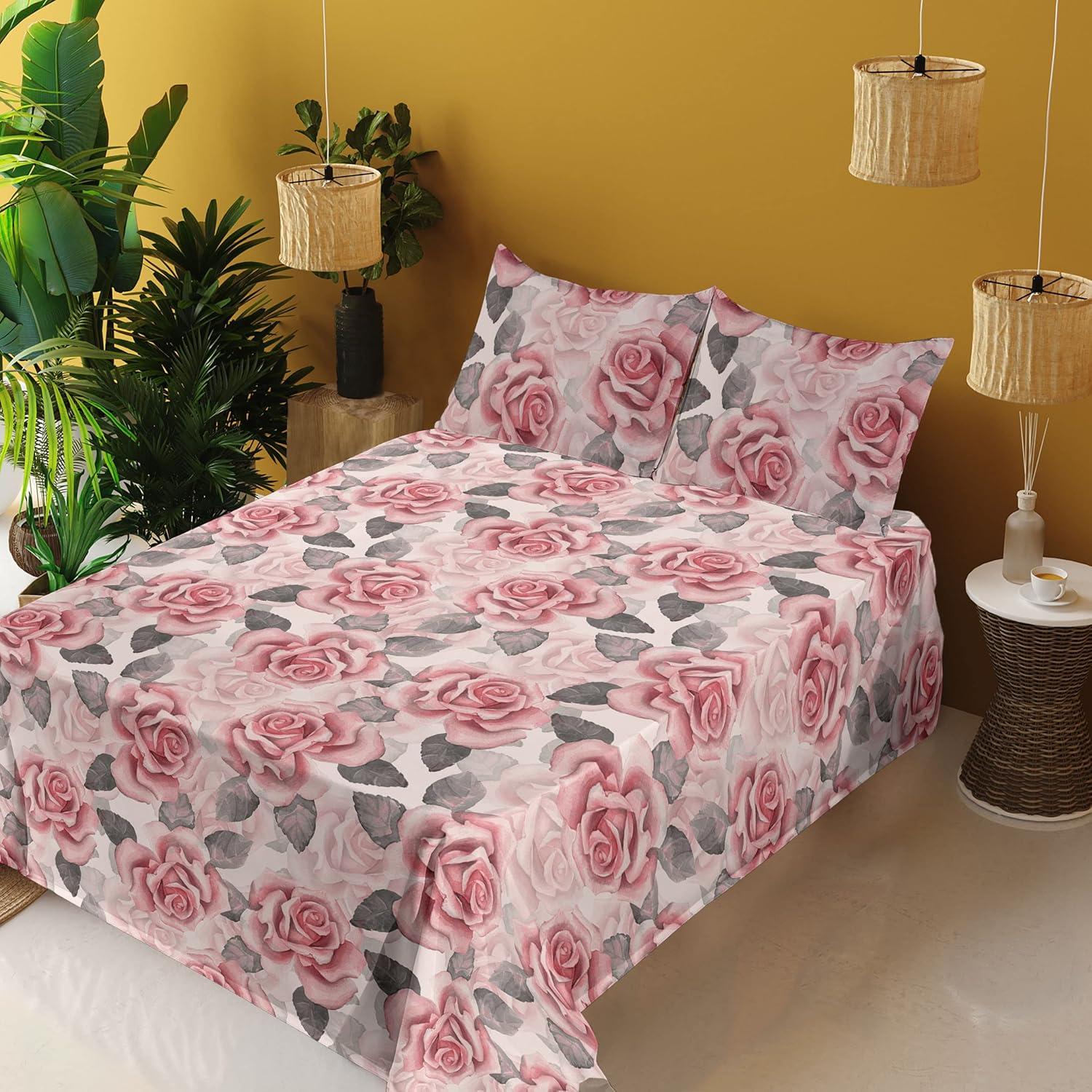 imageAmbesonne Rose Sheet Set Romantic Blurry Style Effect of English Garden Petals Valentines Themed Fitted and Flat Sheet with Pillowcases Bedding Accent 4 Piece Set Full Dark Pink Emerald DustGrey and Pastel Pink