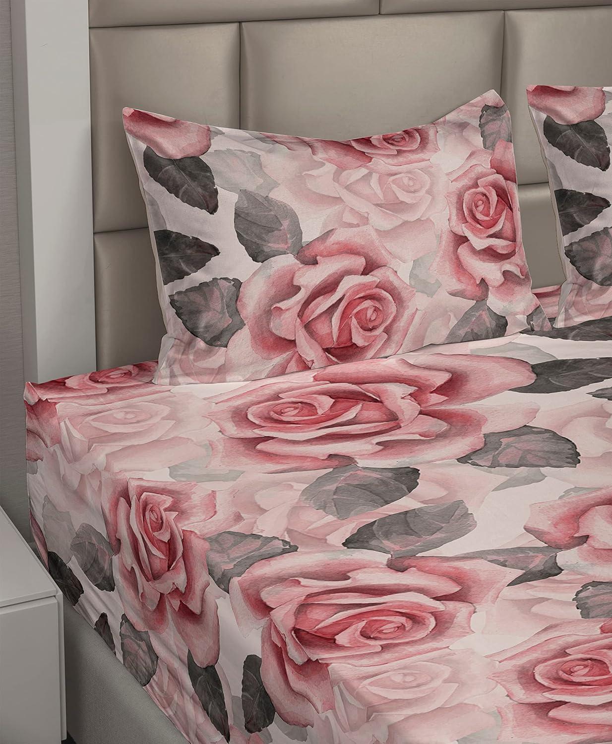 imageAmbesonne Rose Sheet Set Romantic Blurry Style Effect of English Garden Petals Valentines Themed Fitted and Flat Sheet with Pillowcases Bedding Accent 4 Piece Set Full Dark Pink Emerald DustGrey and Pastel Pink