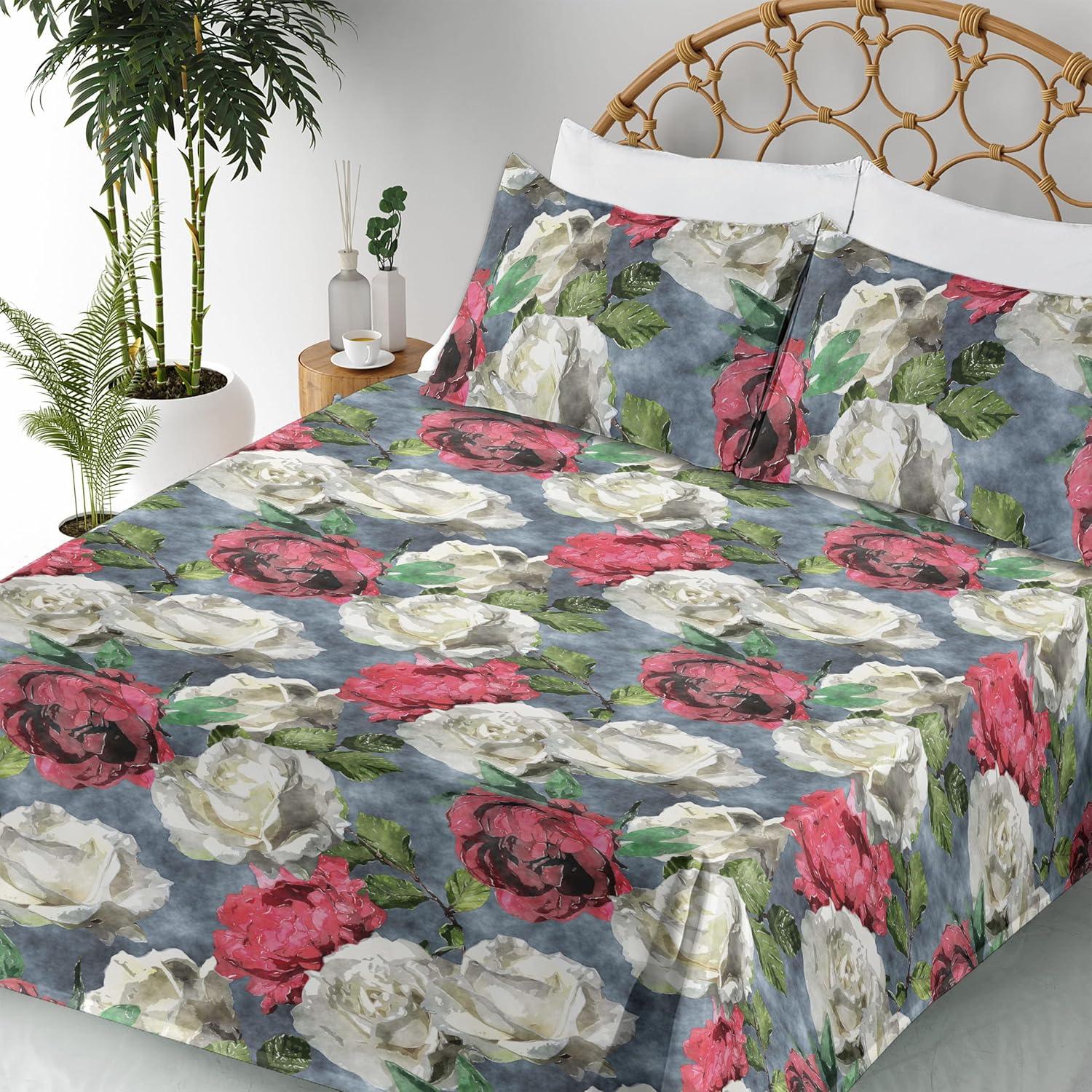 imageAmbesonne Rose Sheet Set Romantic Blurry Style Effect of English Garden Petals Valentines Themed Fitted and Flat Sheet with Pillowcases Bedding Accent 4 Piece Set Full Dark Pink Emerald DustBlue Grey Dark Pink