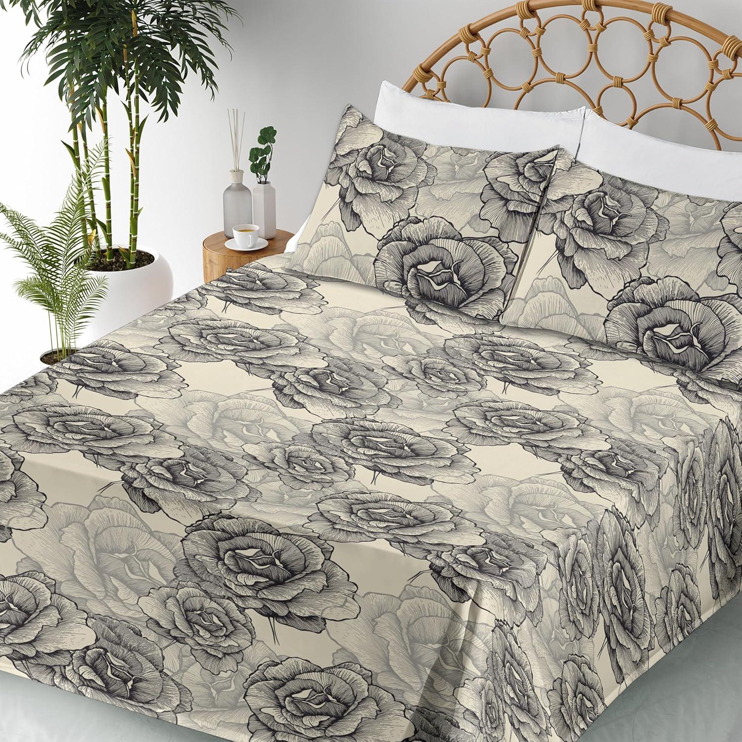 imageAmbesonne Vintage Sheet Set Valentines Day Theme Art with Monochrome Roses Retro Style Ornament Fitted and Flat Sheet with Pillowcases Bedding Accent 4 Piece Set Full Charcoal Grey and WhiteWhite and Charcoal Grey