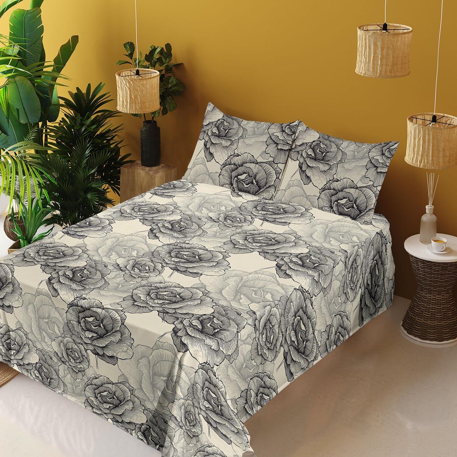 imageAmbesonne Vintage Sheet Set Valentines Day Theme Art with Monochrome Roses Retro Style Ornament Fitted and Flat Sheet with Pillowcases Bedding Accent 4 Piece Set Full Charcoal Grey and WhiteWhite and Charcoal Grey