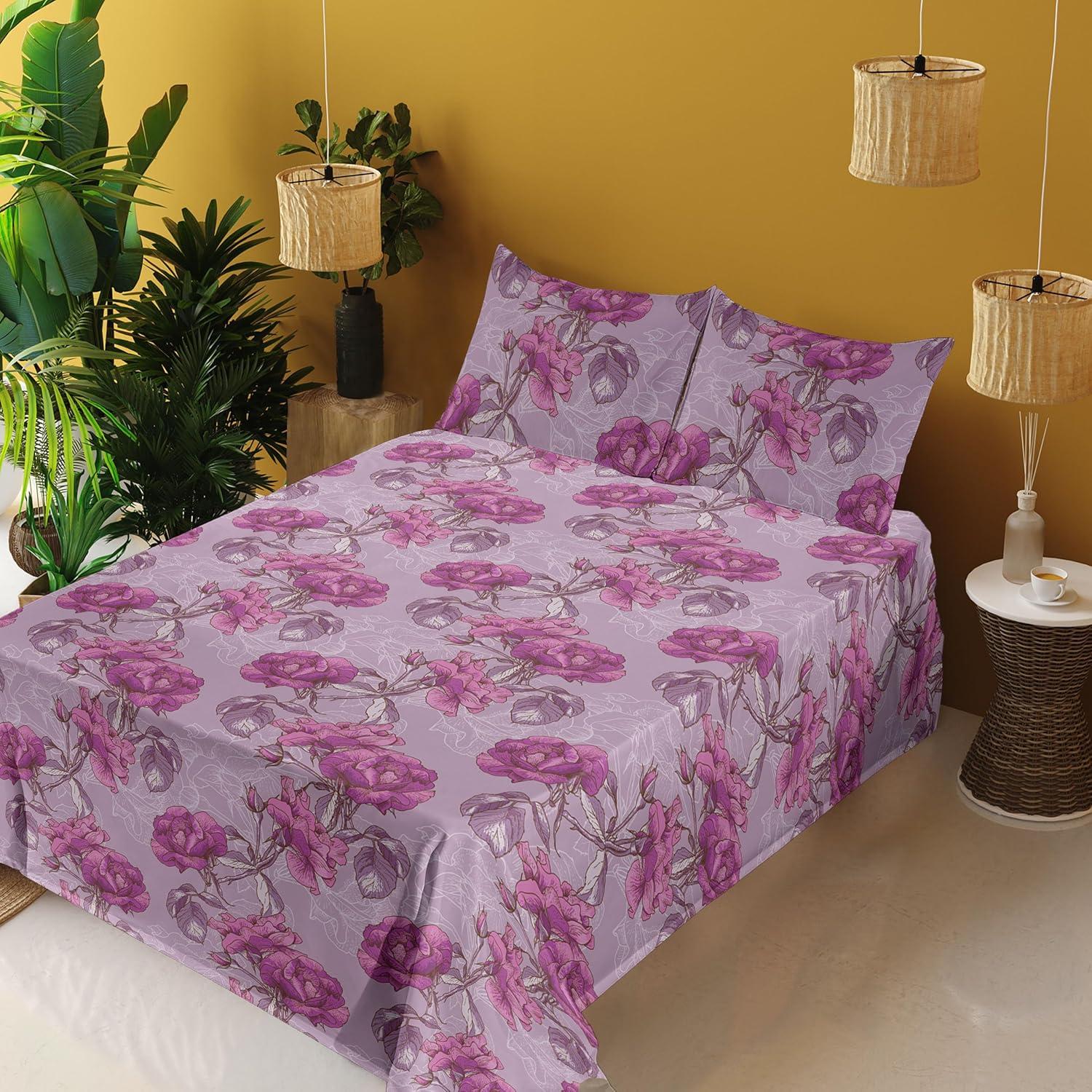 imageAmbesonne Vintage Sheet Set Valentines Day Theme Art with Monochrome Roses Retro Style Ornament Fitted and Flat Sheet with Pillowcases Bedding Accent 4 Piece Set Full Charcoal Grey and WhiteDark Magenta Pale Lilac