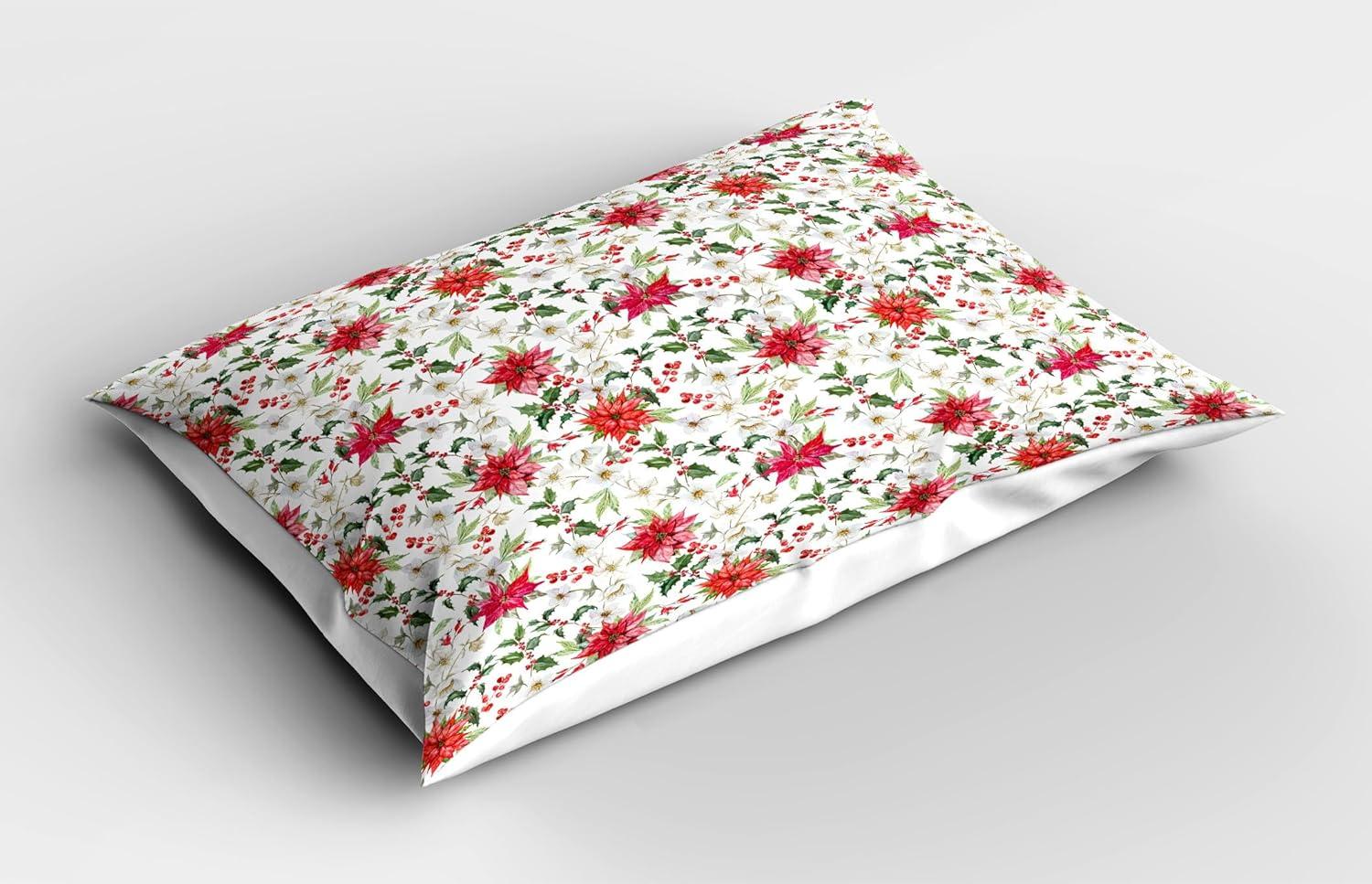 imageAmbesonne Watercolor Pillow Sham Set of 2 Fresh Poinsettia Flowers and Rowan Berry Branches Christmas Garden Quality Microfiber Bedding Item for All Seasons 36 x 20 Vermilion Magenta