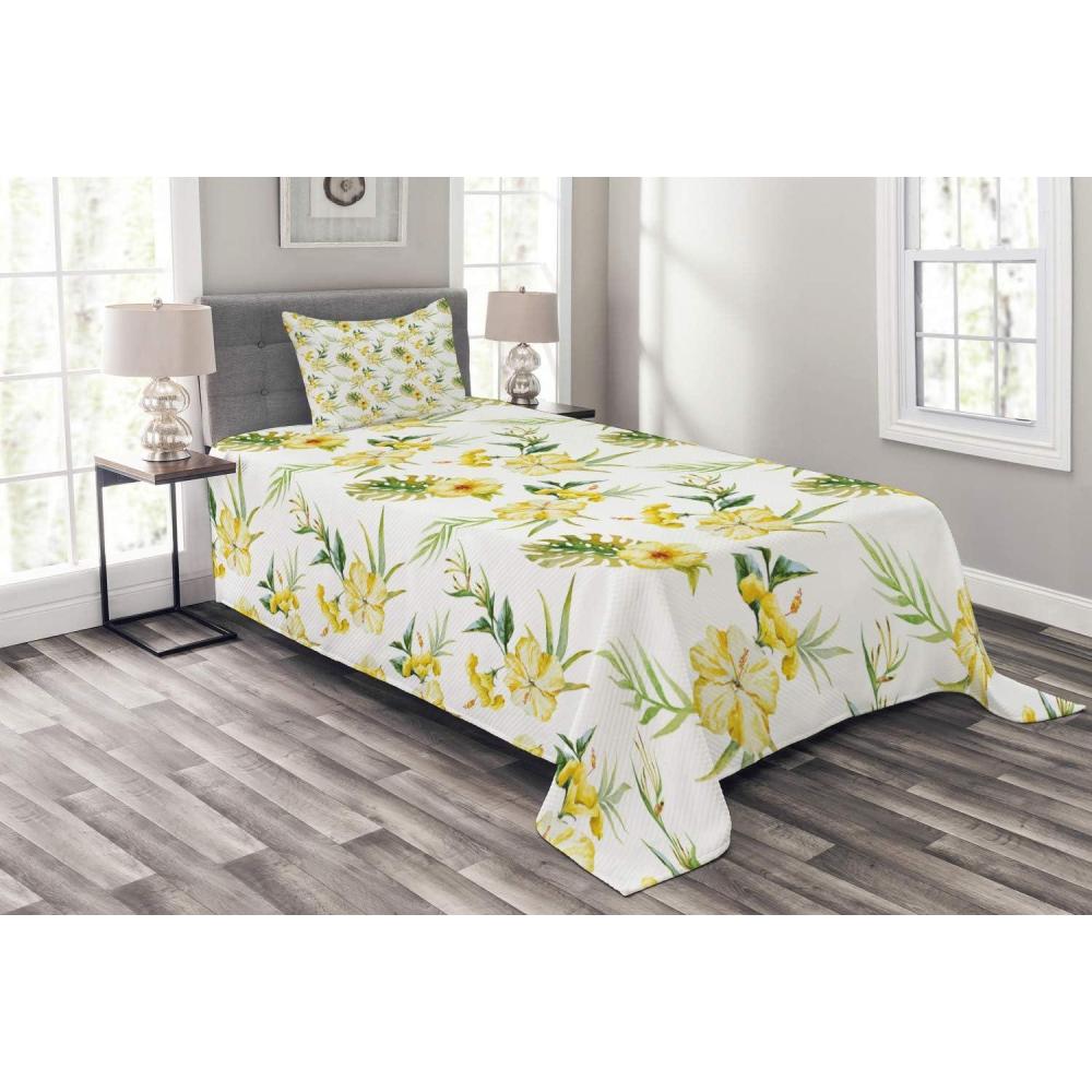 imageAmbesonne Floral Bedspread Set Vintage Garden Plants Herbs Flowers Botanical Classic Design Art 3 Piece Decorative Bedding Coverlet and 2 Pillow Shams Twin Size Reseda Green BeigeYellow Green White