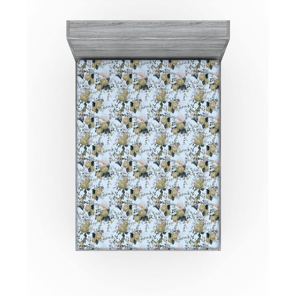 imageAmbesonne Floral Fitted Sheet Roses for Valentine Love Team Holiday Celebration Botanical Artwork on Hue Back Decorative Soft Fabric Bedding AllRound Elastic Pocket Queen Size Dimgray BlushPale Azure Blue Evergreen