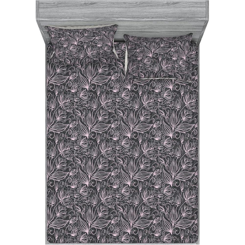 imageAmbesonne Floral Fitted Sheet amp Pillow Sham Set Roses for Valentine Love Team Holiday Celebration Botanical Artwork on Hue Back Decorative Printed 3 Piece Bedding Decor Set Queen Dimgray BlushLilac and Charcoal Grey