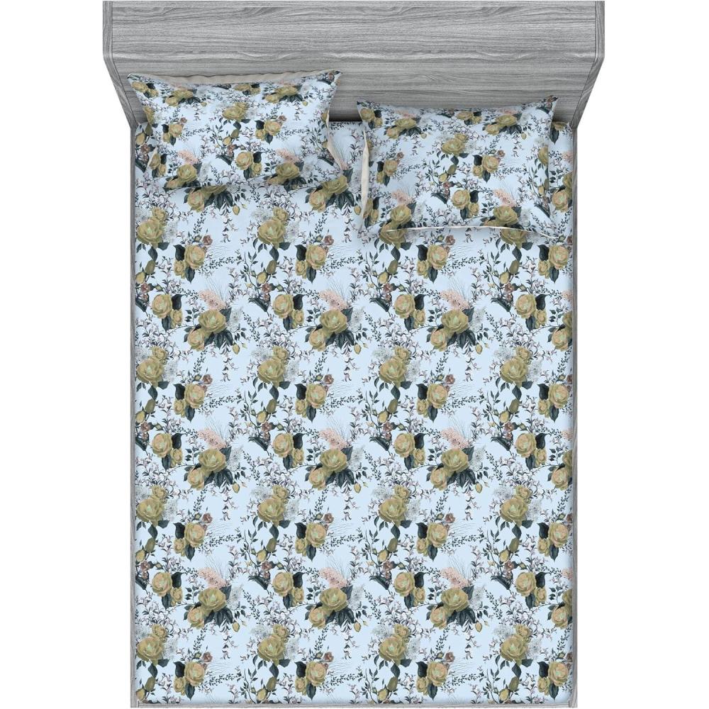 imageAmbesonne Floral Fitted Sheet amp Pillow Sham Set Roses for Valentine Love Team Holiday Celebration Botanical Artwork on Hue Back Decorative Printed 3 Piece Bedding Decor Set Queen Dimgray BlushPale Azure Blue Evergreen