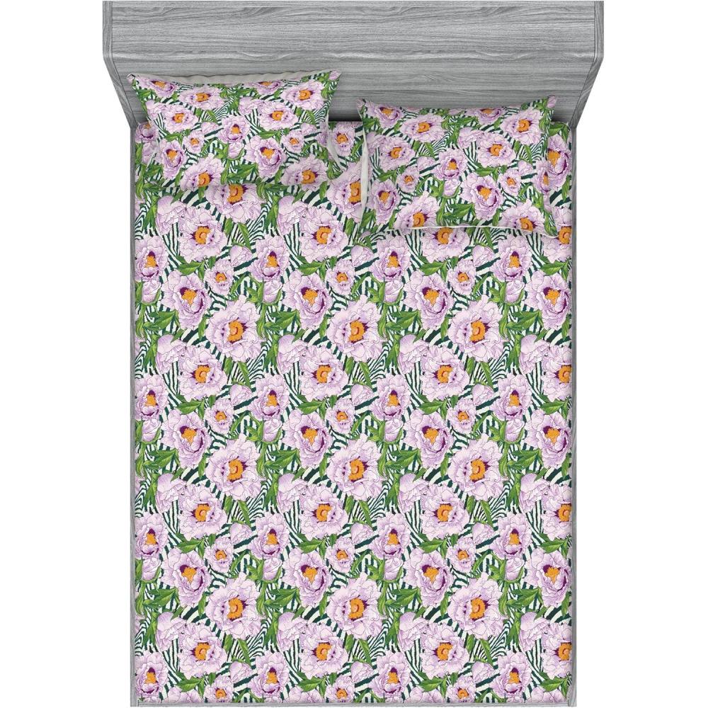 imageAmbesonne Floral Fitted Sheet amp Pillow Sham Set Roses for Valentine Love Team Holiday Celebration Botanical Artwork on Hue Back Decorative Printed 3 Piece Bedding Decor Set Queen Dimgray BlushPastel Purple Fern Green