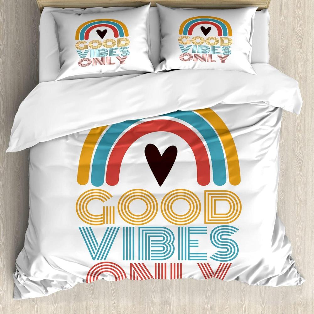 imageAmbesonne Love Duvet Cover Set Rounded Style Words with Hippie Retro Effect Romance Valentines Day 70s 80s Decorative 3 Piece Bedding Set with 2 Pillow Shams Queen Size Vermilion Pink WhiteApricot Seafoam and Salmon