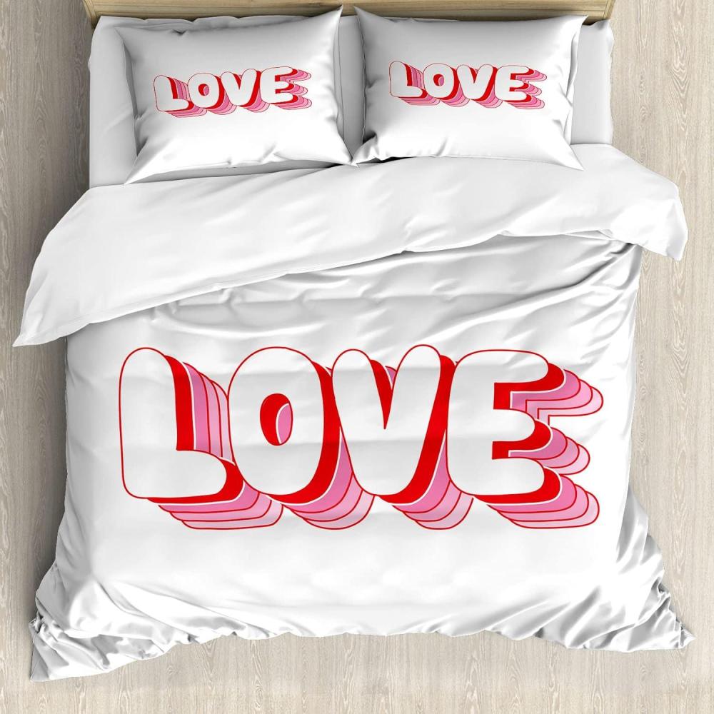 imageAmbesonne Love Duvet Cover Set Rounded Style Words with Hippie Retro Effect Romance Valentines Day 70s 80s Decorative 3 Piece Bedding Set with 2 Pillow Shams Queen Size Vermilion Pink WhiteVermilion Pink White