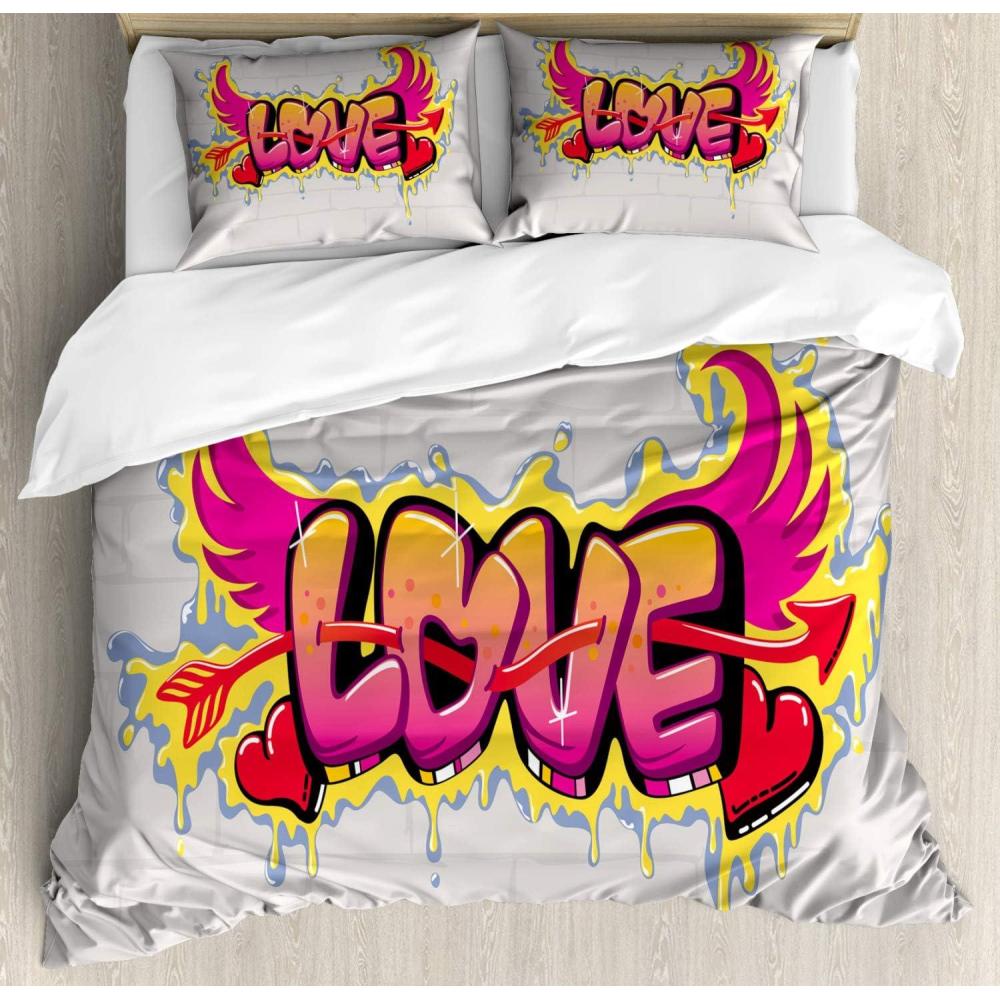 imageAmbesonne Love Duvet Cover Sets Cartoon Birds is Sitting on a Branch Bee Smiling Loving Valentine Bedding Set with 2 Duvet Covers amp 4 Pillowcases 2 Pack Queen Size Pale Pink Beige TaupeYellow Beige Pink