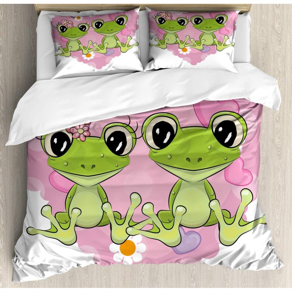 imageAmbesonne Love Duvet Cover Sets Cartoon Birds is Sitting on a Branch Bee Smiling Loving Valentine Bedding Set with 2 Duvet Covers amp 4 Pillowcases 2 Pack Queen Size Pale Pink Beige TaupeDried Rose Lime Green